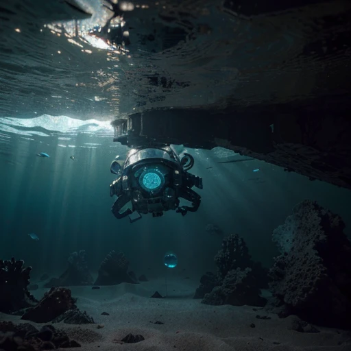 (best quality,4k,8k,highres,masterpiece:1.2),ultra-detailed,(realistic,photorealistic,photo-realistic:1.37),underwater space ship wreckage,dark and eerie atmosphere,crystal clear water,detail-rich corroded metal,abstract alien symbols,bioluminescent marine life,floating debris,deep-sea plants and corals,astronaut helmets embedded in the sand,mysterious shadows,otherworldly glow,muted color palette,submerged spaceship interior with broken control panels,swirling water currents,shimmering reflections,depth and perspective,faint sounds of underwater creaking and bubbling