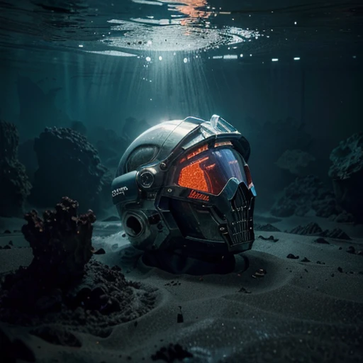 (best quality,4k,8k,highres,masterpiece:1.2),ultra-detailed,(realistic,photorealistic,photo-realistic:1.37),underwater space ship wreckage,dark and eerie atmosphere,crystal clear water,detail-rich corroded metal,abstract alien symbols,bioluminescent marine life,floating debris,deep-sea plants and corals,astronaut helmets embedded in the sand,mysterious shadows,otherworldly glow,muted color palette,submerged spaceship interior with broken control panels,swirling water currents,shimmering reflections,depth and perspective,faint sounds of underwater creaking and bubbling