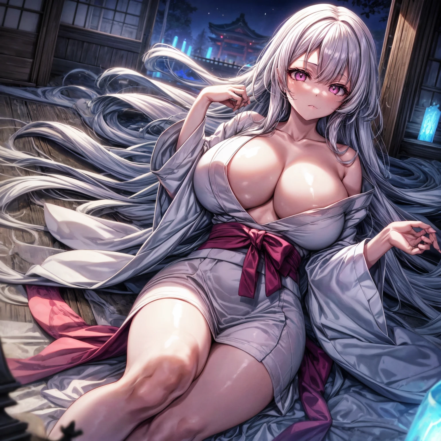 Masterpiece, 1girl,solo,huge breasts, ghost costume , (hitodama) ,night, tombstone, graveyard,,, long sleeves, very long sleeves, , ghost, pale skin,, off shoulder, cleavage, no bra, (((extremely long white hair))), lying by tombstone, bare legs, shredded tattered clothes, curvy wide hips, massive breasts, chubby thighs, (((beautiful bright pink anime eyes))), japanese temple, from above