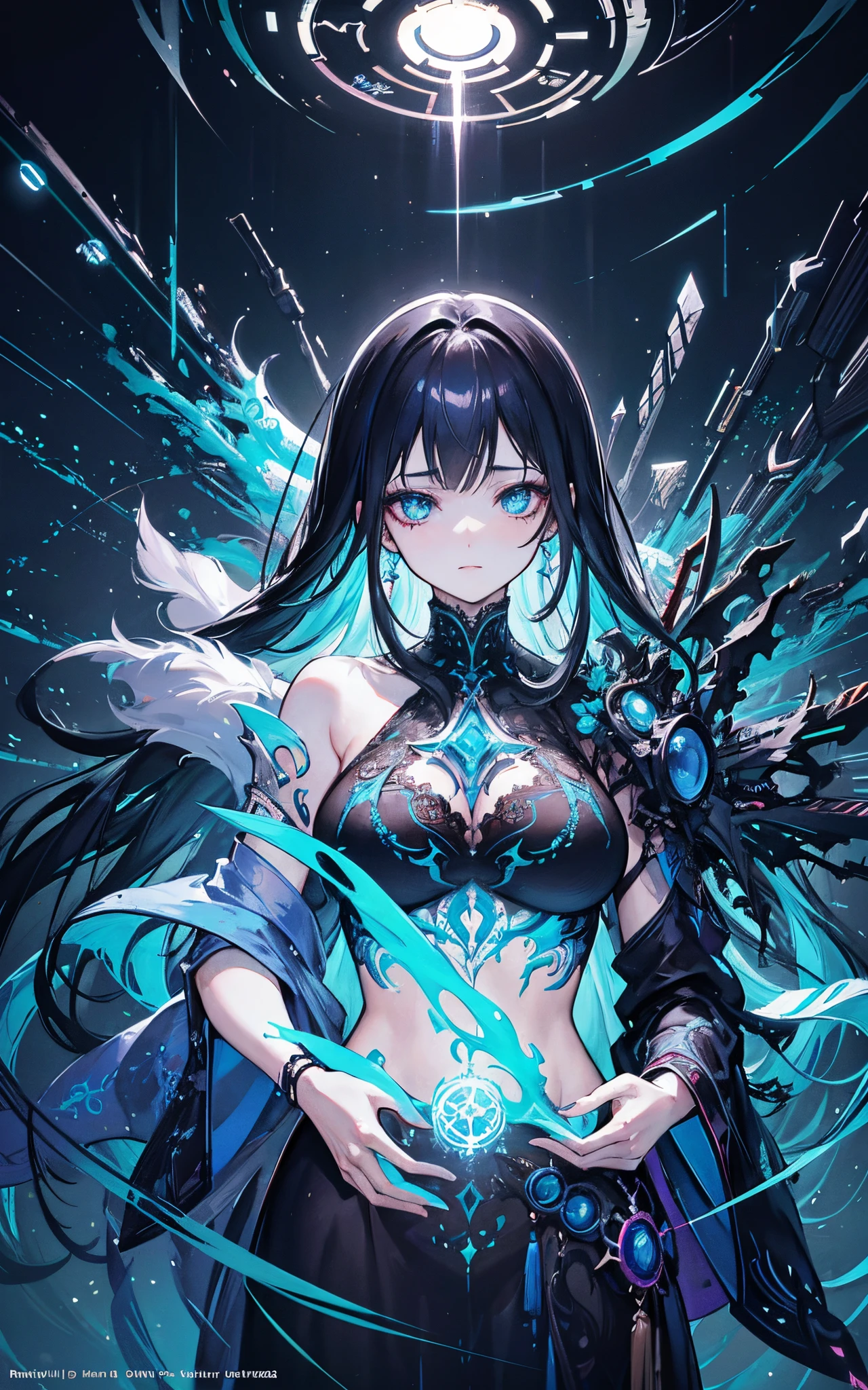 ultra-detailed artistic abstract beautiful indigenous woman with long black hair, magic with bioluminescent filigree, geometric photography, 32k fashion abstract poster, detailed symmetrical blue iris, natural body posture by artist russ mills, art by alberto seveso, by Carne Griffiths, by Wadim Kashin, symmetrical, abstract art style, sharp eyes, digital painting, burst of color, concept art , volumetric lighting, by GIlSam-paio octane rendering depicting innovation and truth, 8k, by Lee Jeffries, Alessio Albi, Adrian Kuipers, glamour, intricate detailed environment, lace, smudges , dark background, masterpiece, ornate, depth - studio Gs perfecty.