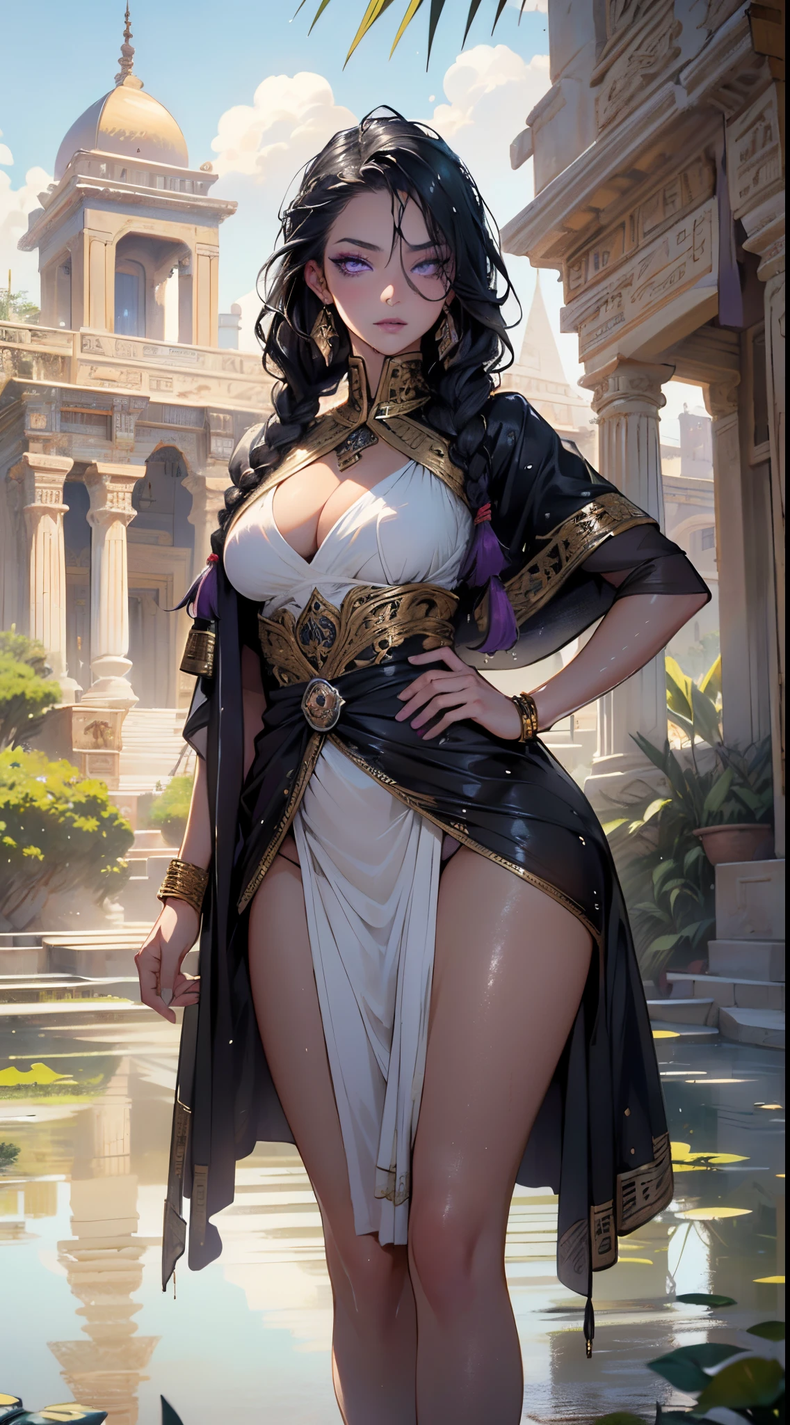 girl from ancient Egypt,1girl,((young girl,16 years old girl,young)),

(large breasts:1.5),saggy breasts,(((black hair:1.4,straight hair,long hair:1.4,colored inner hair))),(((gold_eyes:1.3))),intricate eyes,beautiful detailed eyes,symmetrical eyes,((((dark skin:1.4,lustrous skin:1.5,bright skin: 1.5,skin tanned,shiny skin,very shiny skin,shiny body)))),(spider lower abdomen,narrow waist,wide hip,bimbo body,inflated legs,thick thighs),(((detailed face))),beautiful detailed lips,

(cute,slutty,sensual,seductive look,seductive,((erotic)),opulent,sumptuous,(((nsfw)))),

revealing clothing,show skin,cleavage,(barefoot,),princess,goddess,beautiful white clothes: 1.3,fantasy,((white silk:1.3)),(robe top),((eyeshadow,egyptian makeup,eyelid makeup,gold lips,gold lipstick)),(((Transparent cloth,wet clothes,intricate outfit,embroidered outfit,ornate outfit,intricate clothes,embroidered clothes,ornate clothes))),

dynamic and seductive pose,looking at viewer,(smirk,beautiful smile),centered,scale to fit dimensions,Rule of thirds,

outdoors,egyptian imperial pillars,((imperial pillars background,egyptian imperial palace,egyptian imperial palace background,imperial pyramids in the background)),scenery,extremely scenery,(puddles everywhere,moss,moss on the background), Egypt style,Egypt imperial palace,(sunset, golden hour),

(Glossy Egyptian ornaments),highres,sharp focus,(ultra detailed,extremely detailed),(photorealistic artwork:1.37),(extremely detailed CG unity 8k wallpaper),(((vibrant colors,vibrant theme))),(intricate),(masterpiece),(best quality),artistic photography,(photography taken by sldr),(intricate background),perfect rendered face,perfect face details,realistic face,photo realistic,((intricate detail)),(((realism))),
