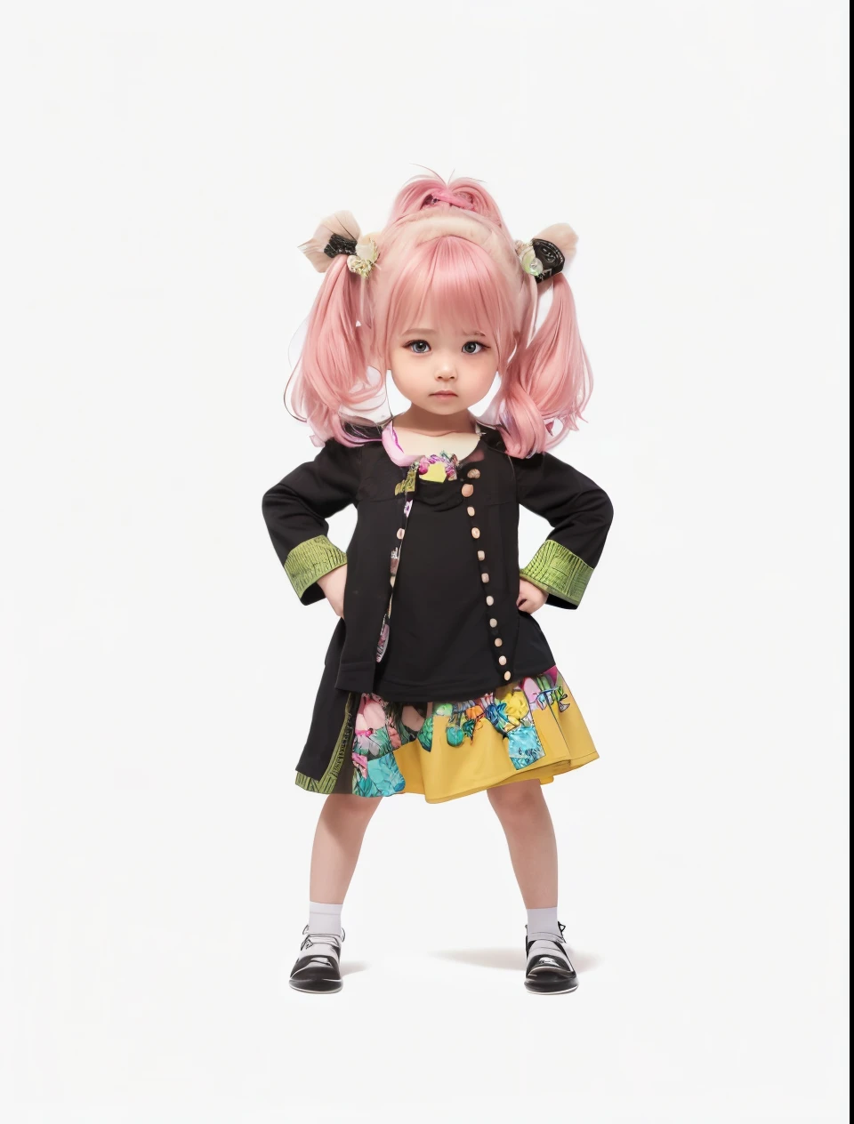 Little cute girl, pink hair, green eye