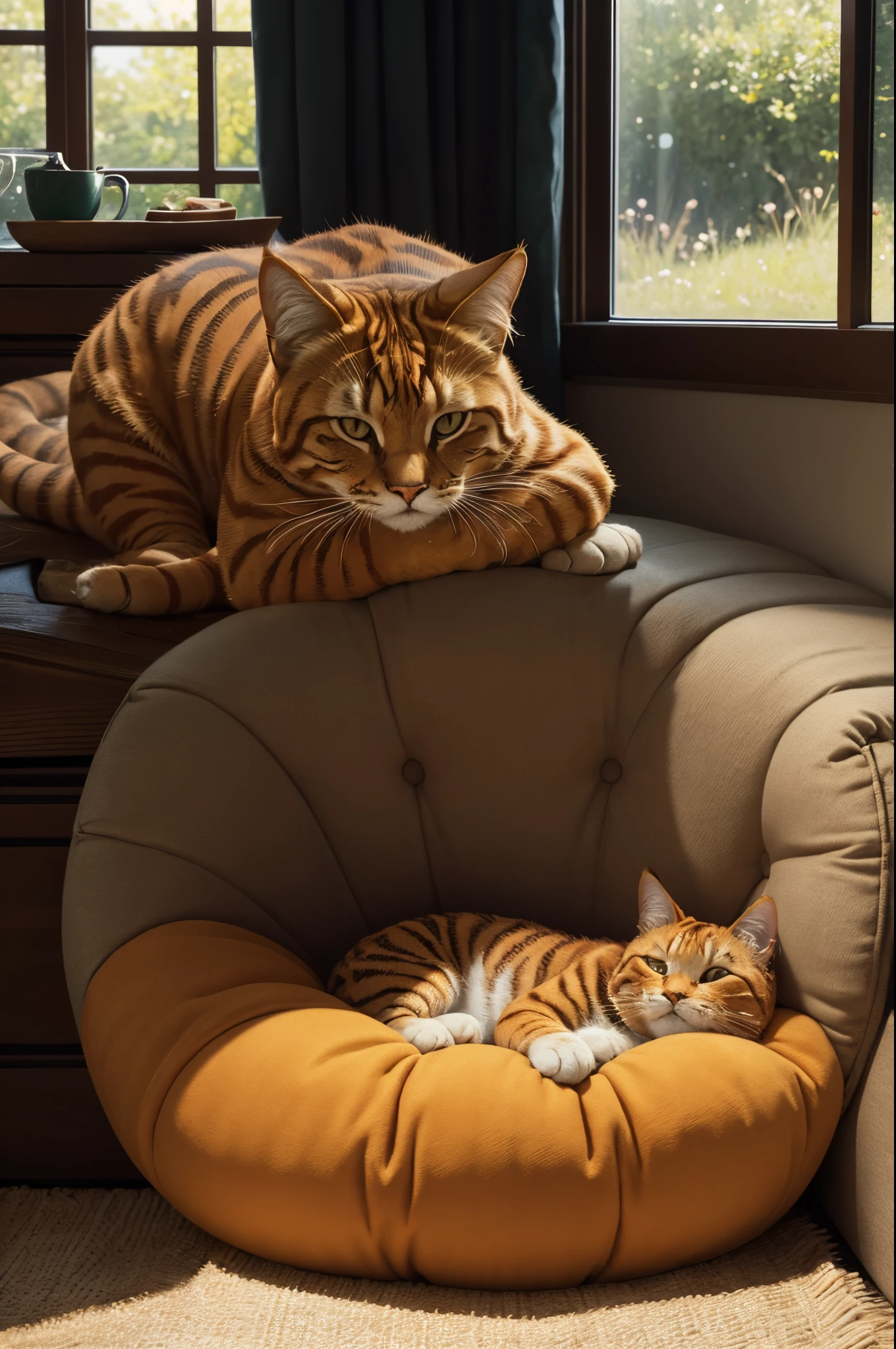 A detailed portrait of Garfield, the famous orange tabby cat with black stripes and a big round face, lying lazily on a comfortable cushion. The artwork is created in a medium resembling a vivid digital illustration that brings out the playful nature of Garfield. The fur of Garfield is vividly depicted with a mix of orange and black hues, showing a high level of detail and texture. The eyes of Garfield are beautifully rendered, capturing the mischievousness and curiosity that are characteristic of his personality. The soft lighting in the scene creates a warm and cozy atmosphere, emphasizing the comfort and relaxation of Garfield in his favorite spot. The background features a sunny window with a view of a green garden, further accentuating Garfield's love for napping and enjoying the outdoors. The artwork is of the highest quality, with ultra-detailed brushwork and sharp focus. The colors are vibrant and lively, enhancing the liveliness of the artwork. The overall style of the artwork is a combination of a vibrant illustration and a realistic portrayal of Garfield, creating a unique and visually appealing piece.