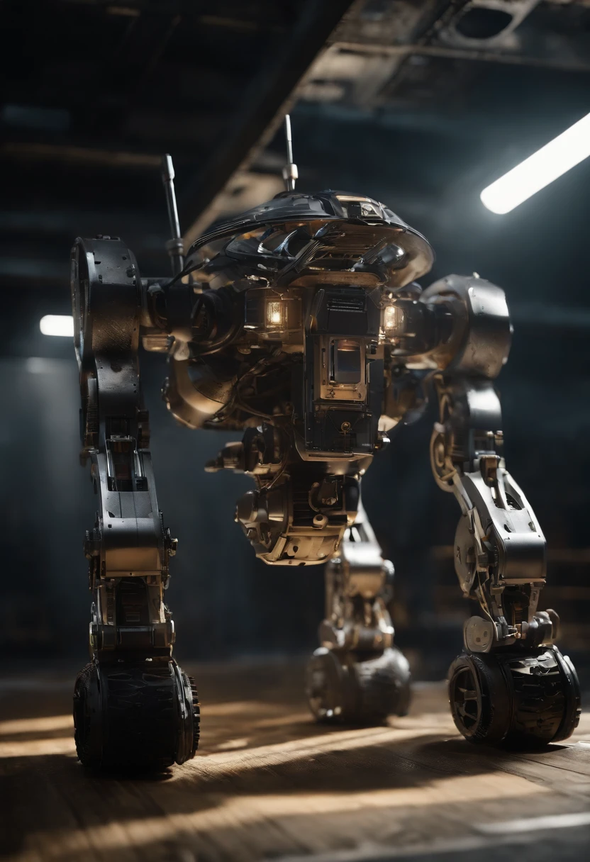 Envision a cinematic scene showcasing an Autonomous Mobile Robot (AMR) of unparalleled complexity, emphasizing extreme micro-details of its internal mechanisms, including intricate gears, cables, and wire work. Picture this image in stunning 8K movie quality, with a focus on displaying the wear and tear evident in the scratches and damage to the machine's metal and exterior.

Zoom in on the micro-details of the AMR's internal machinery, capturing the precision in the arrangement of gears, the intricate web of cables, and the meticulous layout of wire work contributing to its advanced functionality.

Highlight the exterior of the AMR, emphasizing the battle scars, scratches, and signs of wear that narrate a tale of continuous operation and exposure to challenging environments. Pay attention to the reflections of light on the damaged metal and worn paint, enhancing the realism and depth of the AMR's rugged appearance.

Consider the lighting, utilizing cinematic techniques to create dynamic shadows that bring out the three-dimensional quality of the AMR. Craft an immersive visual experience that showcases both the internal complexity and external resilience of this autonomous machine.

Imagine the AMR in a dynamic scenario, such as navigating a challenging terrain or interacting with its environment. Integrate elements like debris, dust, or sparks to add realism and further enhance the cinematic quality of the scene.

This detailed prompt aims to inspire the creation of a visually stunning and immersive depiction of an Autonomous Mobile Robot in 8K movie quality, with a focus on extreme micro-details of internal mechanisms and the wear and tear visible in scratches and damage on its exterior.