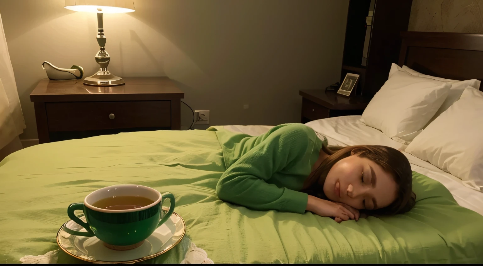 Mulher europeia, noite, sleeping peacefully in a comfortable bed, uma pequena mesa ao lado da cama, on the table a transparent cup with green tea inside, imagem realista, alta qualidade, melhor qualidade.