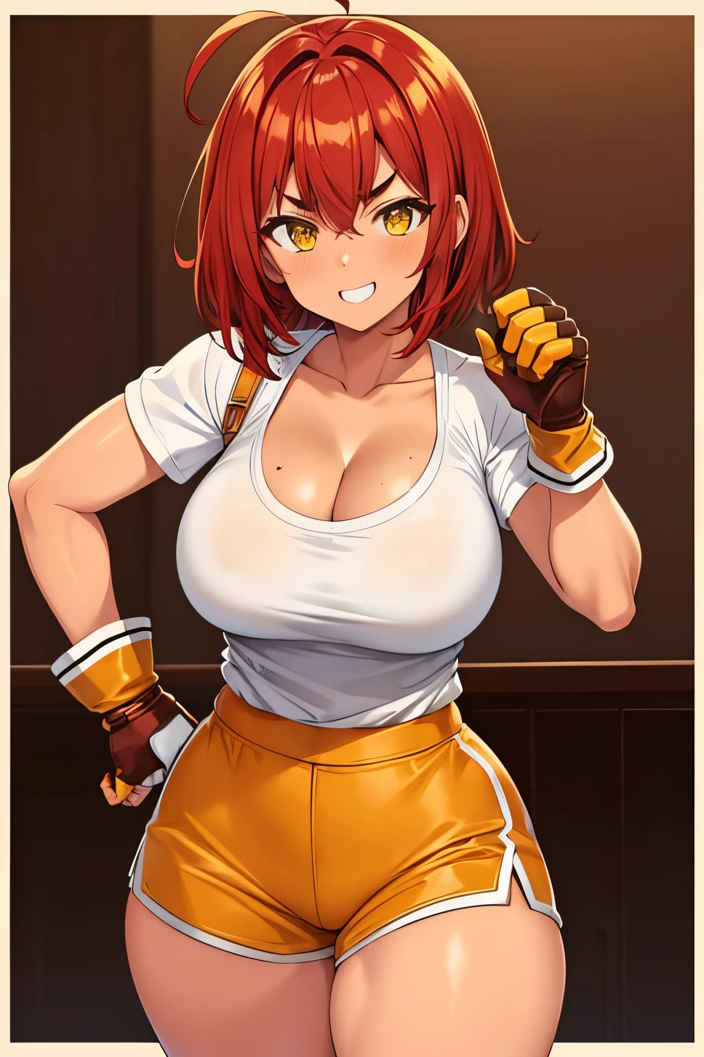 girl, red hair, short hair, medium hair, yellow eyes, athletic body, cleavage, white shirt, smilling, sure, fighter, gloves, brown skintone, thick brows, light armor, ahoge, tanned, brown color shorts, leather armor, messy hair, tanned skin,