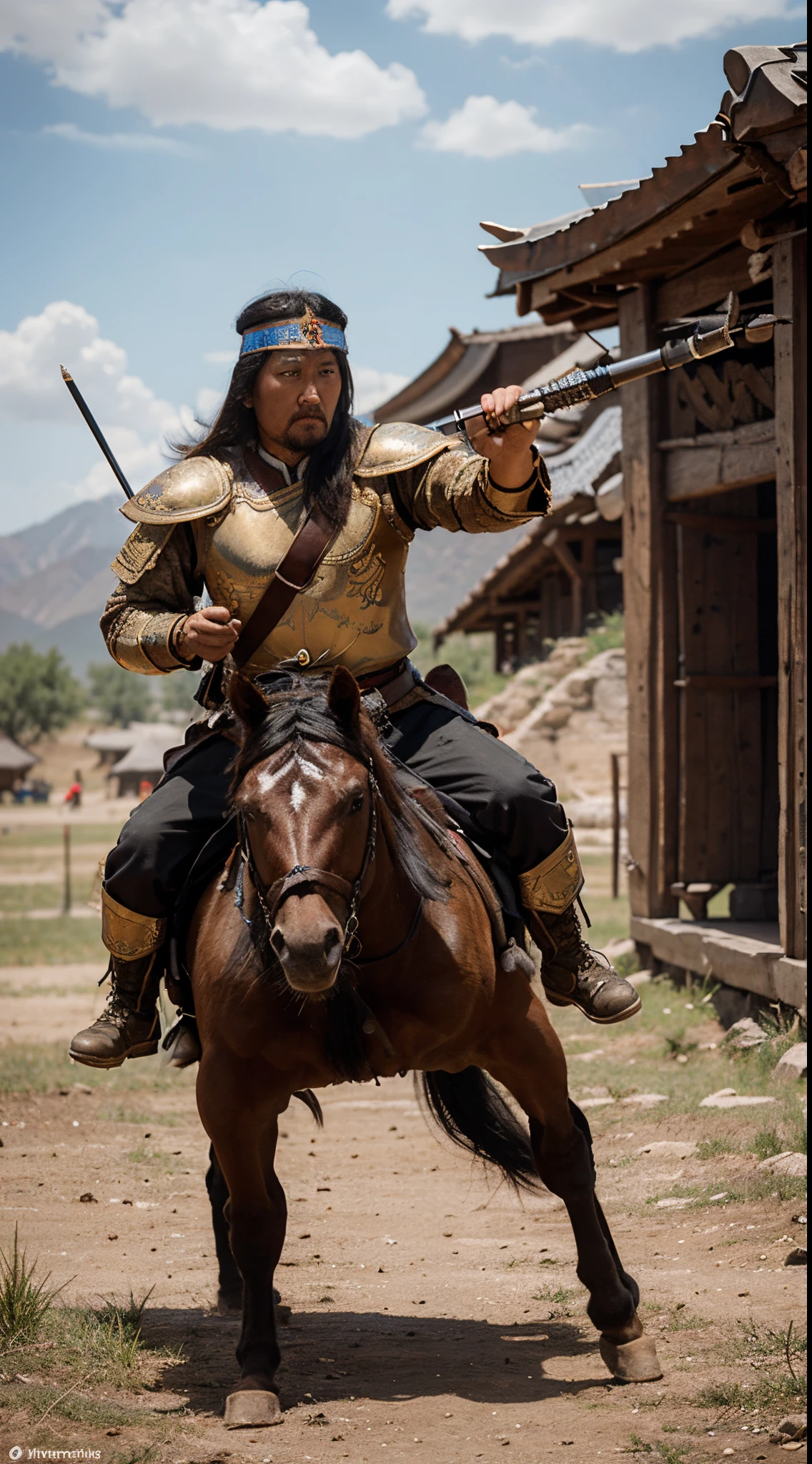 "Visualize Genghis Khan's influence on military strategy, with elements of ancient Mongol warriors in action, showcasing their unique tactics and weaponry."