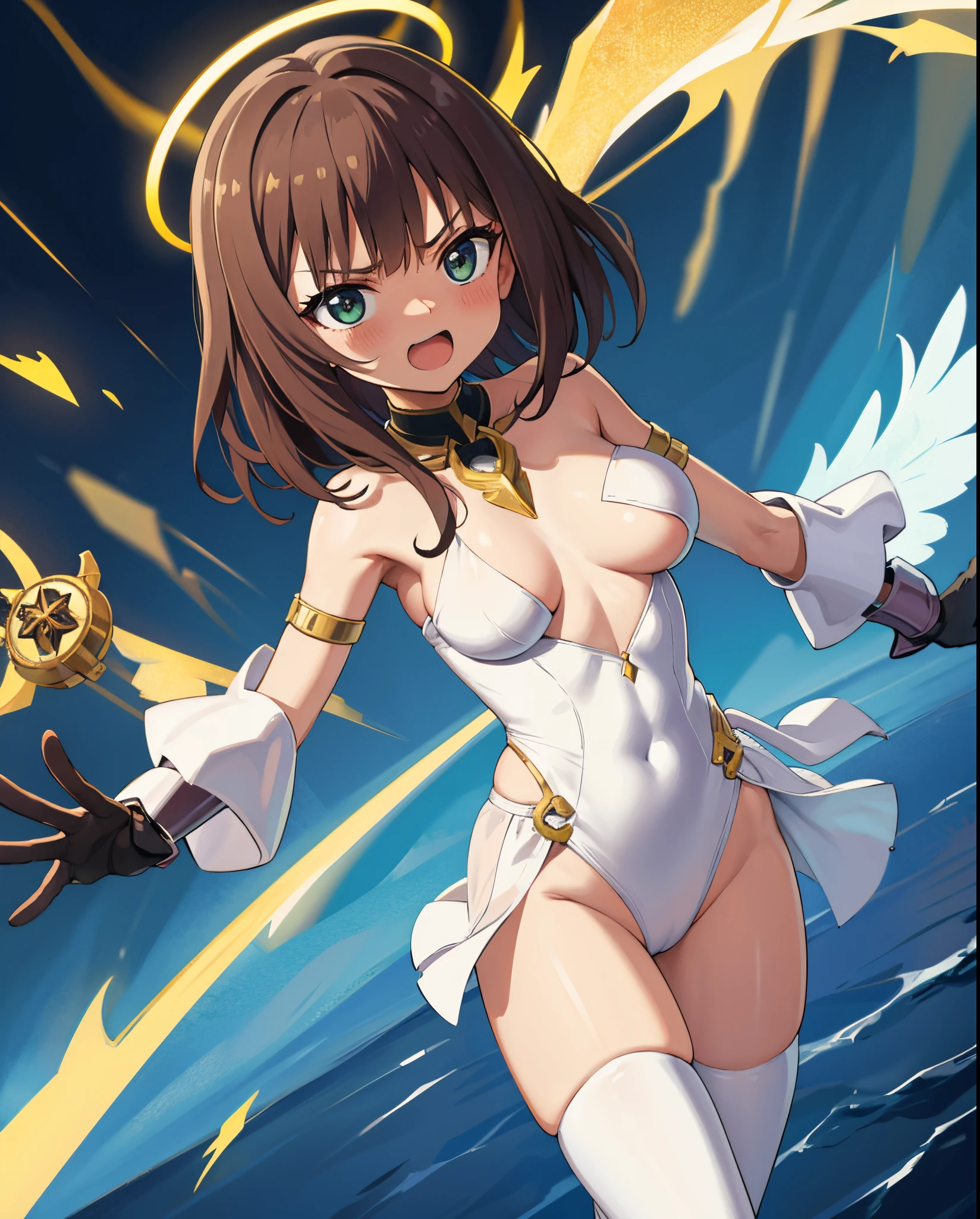 fantasy, 1angel_girl******, **li,brown_hair, medium_bob_hair, long_bangs, halo,bare_shoulder,thighhighs,silver_armor, waist_armor, large_breasts,angry,grinning,open_mouth_teeth, 1pair_wings, dynamic_pose_fighting,floating, bare_crotch, headgear,gauntlet, greaves,city_sky_background,slightly_spread_legs, solo, groin_naked,dark_skin,