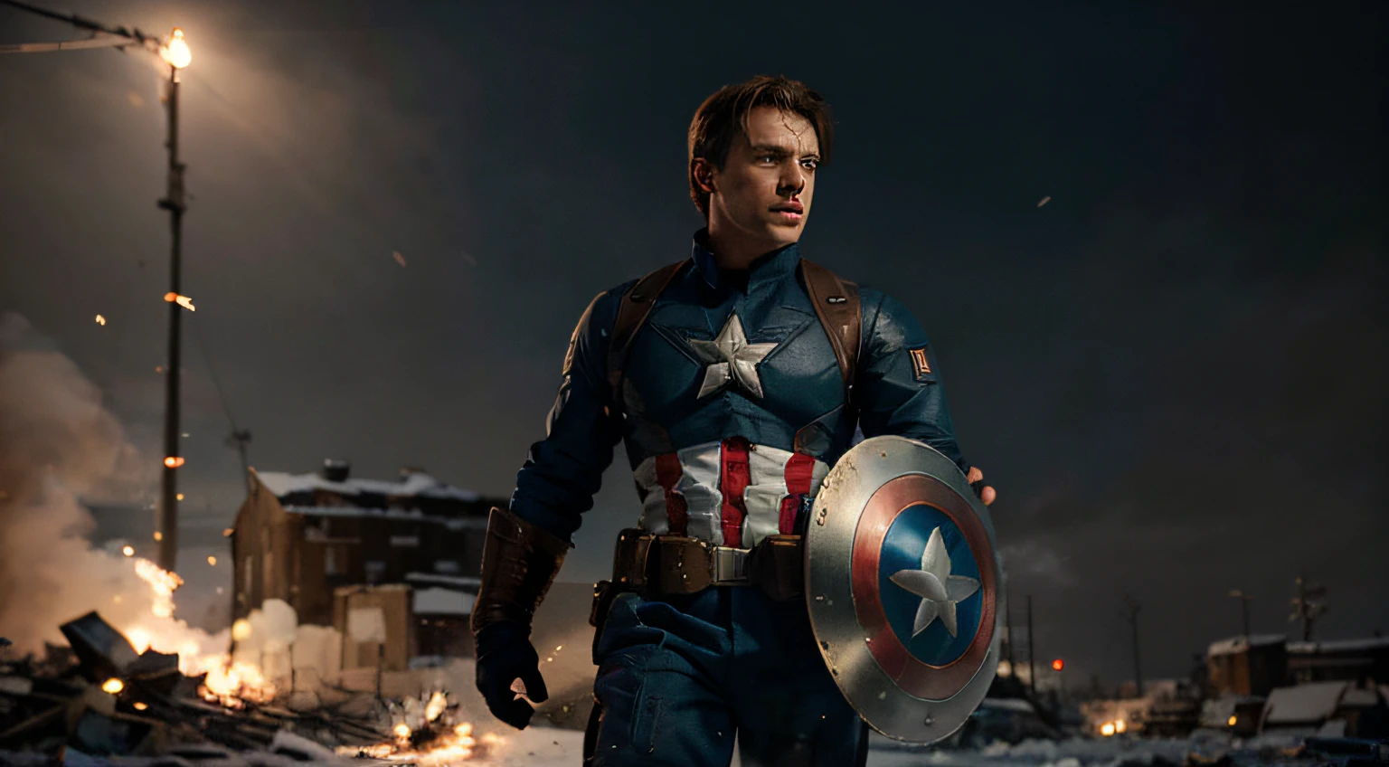 Image of Captain America fighting in the Battle of Stalingrad, during the Battle of Stalingrad. He is wearing his classic uniform of the era, complete with his battle shield. The scene must convey the feeling of overcoming in war, with visible details of the costume and shield. The setting should reflect the warfield environment, with attention to historical details, with soft colors. The image must be detailed and have 8k resolution.