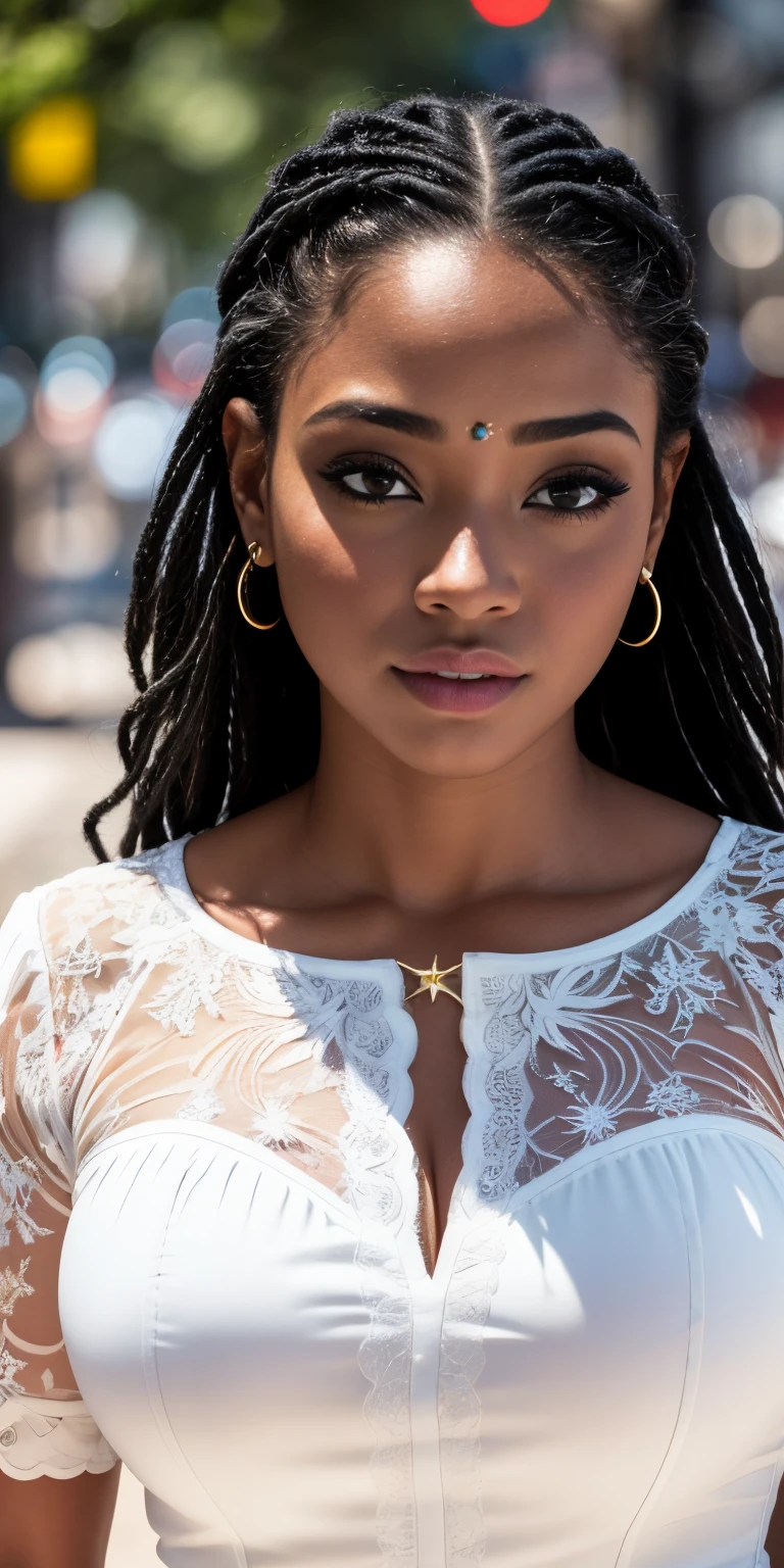 RAW uhd rosto close-up de uma deusa africana posando como na foto de Taras Loboda, Flawless women, Cabelos cacheados ondulados, (Rosto detalhado:1.5), Pele bronzeada, Highly detailed deep neckline in lace steel dress), corpo inteiro, compras no shopping, cor quente, Refletores, SnowPrincessw, master part, perfectly proportions, fotos realistas de alta qualidade detalhados fotografados em uma Canon EOS R5, Lente 50mm, 8k,papel de parede, Escuro, noise, offset, alto contraste