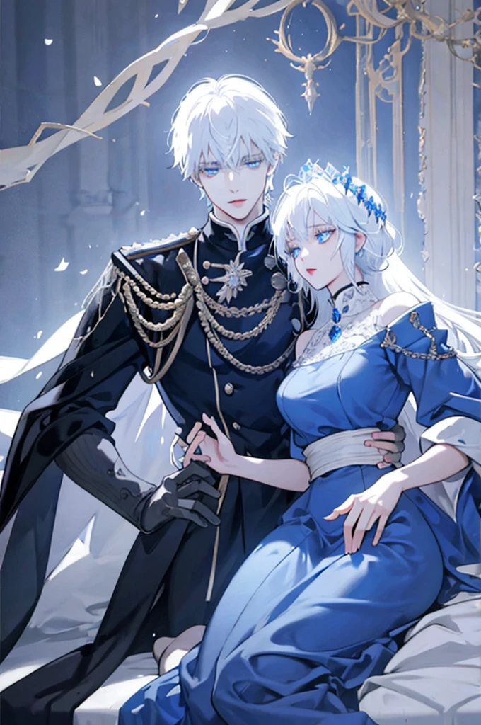 White-haired man hugs brown-haired woman, blue eyes, royalty, nobility, princess, elegant, high quality, highly detailed
