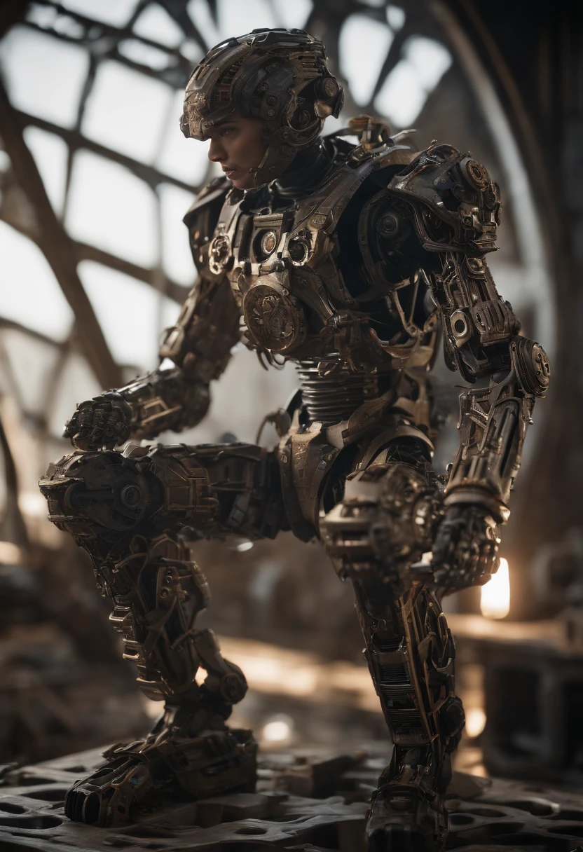 Envision an awe-inspiring scene featuring an extremely complex humanoid-model, meticulously highlighting every intricate detail, including gears, cables, and wire work throughout its body. Imagine this image in stunning 8K movie quality, capturing the essence of the damage and scratches that tell a narrative of relentless battles and wear.
Zoom in on the micro-details of the humanoid's internal machinery, showcasing the intricate arrangement of gears, the labyrinth of cables, and the precise layout of wire work. Emphasize the level of complexity that contributes to its advanced functionality and aesthetic appeal.
Highlight the battle-worn exterior, focusing on damage and scratches that tell a story of intense encounters and warfare. Capture the reflections of light on the scratched metal and chipped paint, enhancing the realism and depth of the humanoid's worn appearance.
Consider the lighting, allowing it to play a crucial role in accentuating the micro-details. Utilize cinematic lighting to cast dynamic shadows that enhance the three-dimensional quality of the humanoid, creating an immersive visual experience.
Imagine the humanoid in a dynamic pose, perhaps mid-action or standing amidst a dystopian environment that complements its battle-hardened appearance. Integrate elements like sparks emanating from damaged components and atmospheric effects that add to the overall cinematic quality of the scene.
This detailed prompt aims to inspire the creation of an extraordinary and visually immersive depiction of an extremely complex humanoid-model in 8K movie quality, focusing on extreme micro-details of gears, cables, and wire work, while showcasing the damage and scratches that tell a compelling narrative of its battle-worn existence.