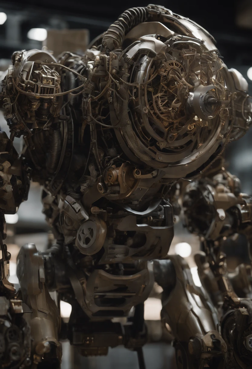 Envision an awe-inspiring scene featuring an extremely complex humanoid-model, meticulously highlighting every intricate detail, including gears, cables, and wire work throughout its body. Imagine this image in stunning 8K movie quality, capturing the essence of the damage and scratches that tell a narrative of relentless battles and wear.

Zoom in on the micro-details of the humanoid's internal machinery, showcasing the intricate arrangement of gears, the labyrinth of cables, and the precise layout of wire work. Emphasize the level of complexity that contributes to its advanced functionality and aesthetic appeal.

Highlight the battle-worn exterior, focusing on damage and scratches that tell a story of intense encounters and warfare. Capture the reflections of light on the scratched metal and chipped paint, enhancing the realism and depth of the humanoid's worn appearance.

Consider the lighting, allowing it to play a crucial role in accentuating the micro-details. Utilize cinematic lighting to cast dynamic shadows that enhance the three-dimensional quality of the humanoid, creating an immersive visual experience.

Imagine the humanoid in a dynamic pose, perhaps mid-action or standing amidst a dystopian environment that complements its battle-hardened appearance. Integrate elements like sparks emanating from damaged components and atmospheric effects that add to the overall cinematic quality of the scene.

This detailed prompt aims to inspire the creation of an extraordinary and visually immersive depiction of an extremely complex humanoid-model in 8K movie quality, focusing on extreme micro-details of gears, cables, and wire work, while showcasing the damage and scratches that tell a compelling narrative of its battle-worn existence.