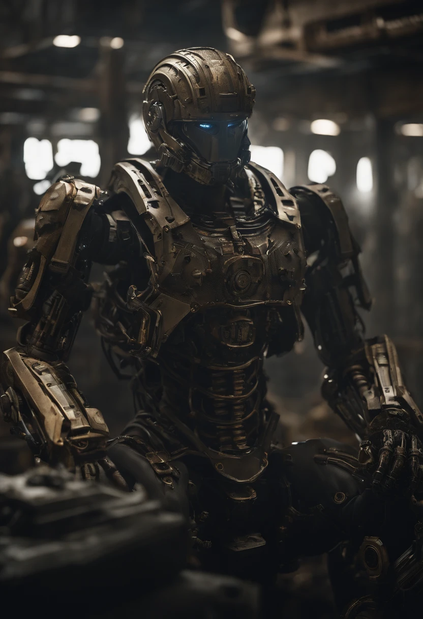 Envision an awe-inspiring scene featuring an extremely complex humanoid-model, meticulously highlighting every intricate detail, including gears, cables, and wire work throughout its body. Imagine this image in stunning 8K movie quality, capturing the essence of the damage and scratches that tell a narrative of relentless battles and wear.

Zoom in on the micro-details of the humanoid's internal machinery, showcasing the intricate arrangement of gears, the labyrinth of cables, and the precise layout of wire work. Emphasize the level of complexity that contributes to its advanced functionality and aesthetic appeal.

Highlight the battle-worn exterior, focusing on damage and scratches that tell a story of intense encounters and warfare. Capture the reflections of light on the scratched metal and chipped paint, enhancing the realism and depth of the humanoid's worn appearance.

Consider the lighting, allowing it to play a crucial role in accentuating the micro-details. Utilize cinematic lighting to cast dynamic shadows that enhance the three-dimensional quality of the humanoid, creating an immersive visual experience.

Imagine the humanoid in a dynamic pose, perhaps mid-action or standing amidst a dystopian environment that complements its battle-hardened appearance. Integrate elements like sparks emanating from damaged components and atmospheric effects that add to the overall cinematic quality of the scene.

This detailed prompt aims to inspire the creation of an extraordinary and visually immersive depiction of an extremely complex humanoid-model in 8K movie quality, focusing on extreme micro-details of gears, cables, and wire work, while showcasing the damage and scratches that tell a compelling narrative of its battle-worn existence.