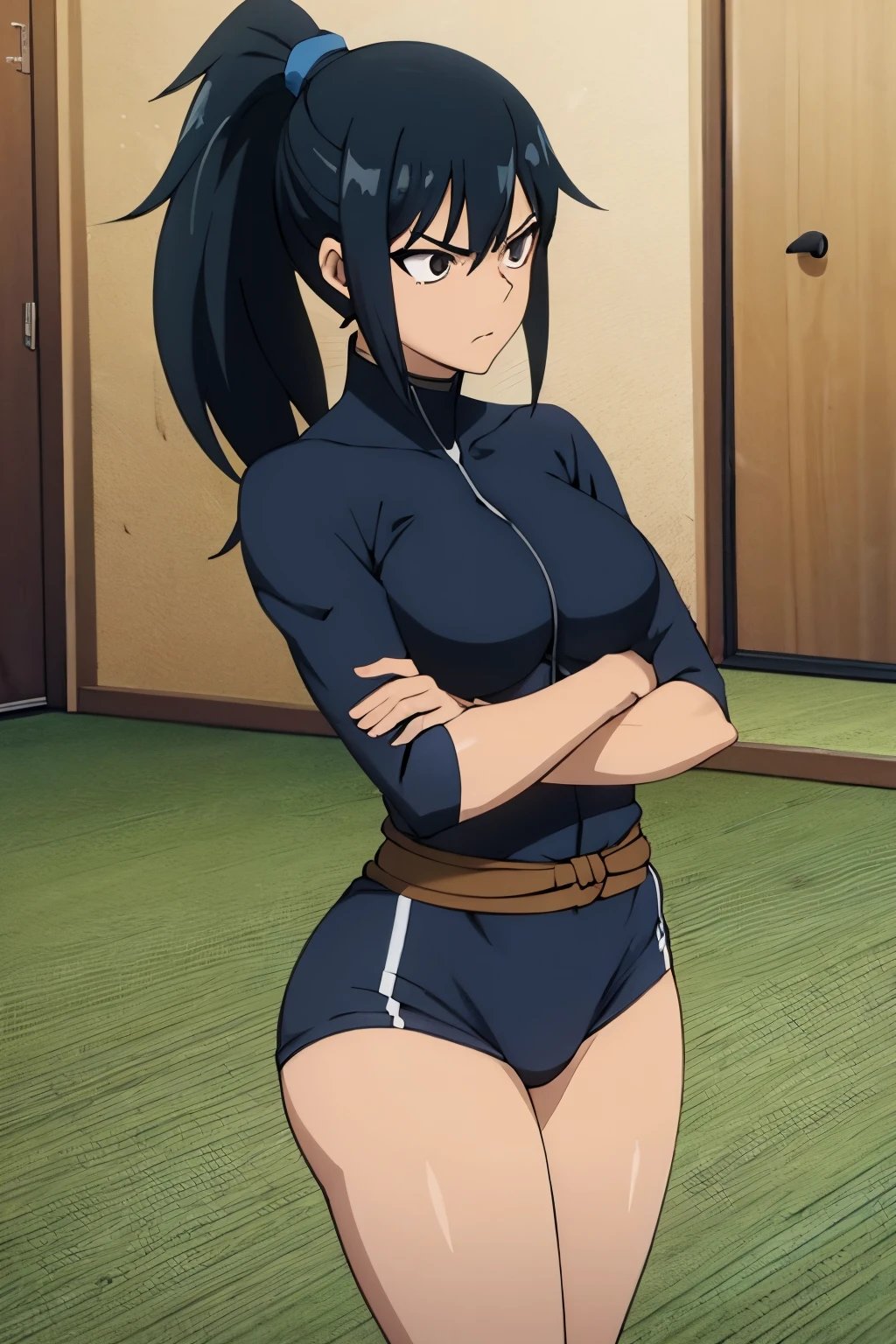 woman, pretty face, black hair, ponytail, black eyes, athletic body, ninja blue clothes, holding two daggers,serious, brown skintone, small breast, light armor, ninja mask, tanned skin, large thighs