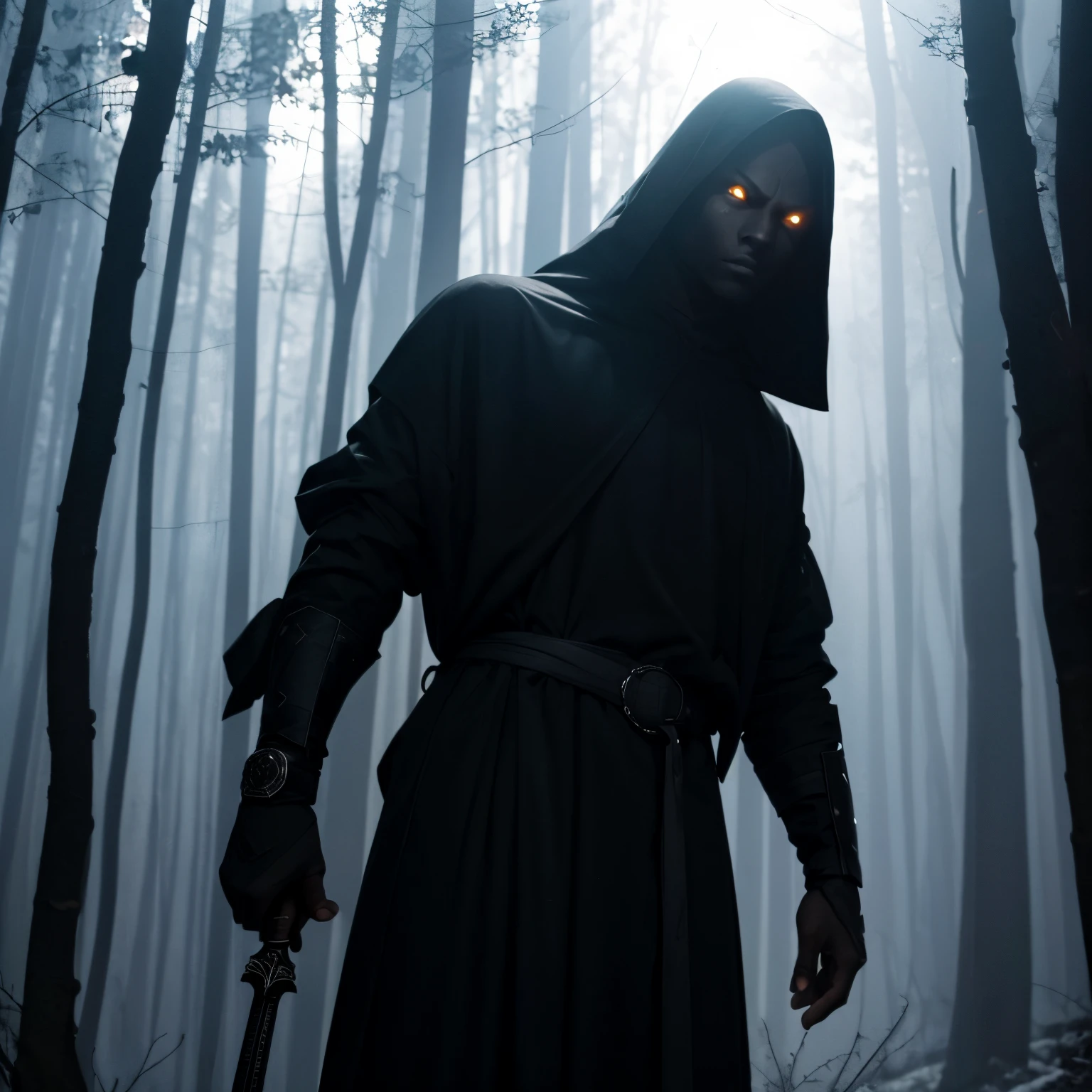 full body low angle shot of an intimidating male humanoid with dark gray skin and bright white eyes coming out of the shadows with a dagger in both hands wearing black clothes in a dark forest shadows at night, man, shining white eyes, low angle, highly detailed, living shadow,dark gray skin, charcoal skin