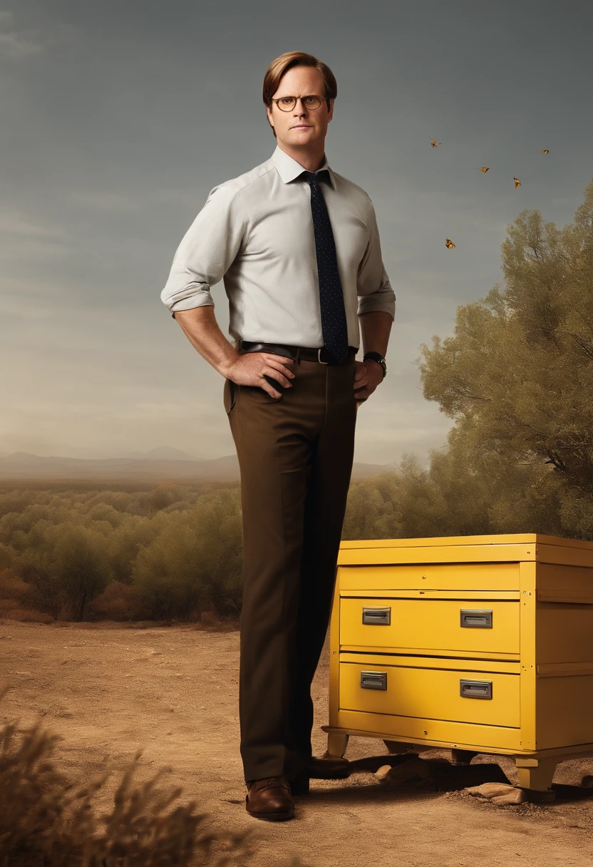 A photo of Dwight standing in front of a beehive, studying the behavior of the bees.,The Office,Dwight Schrute, another character from “The Office,” is known for his distinct, somewhat antiquated appearance: a stern expression, a rigid, formal posture, and usually dressed in a mustard-colored shirt and dark tie. His hairstyle is severe and practical, matching his no-nonsense attitude.