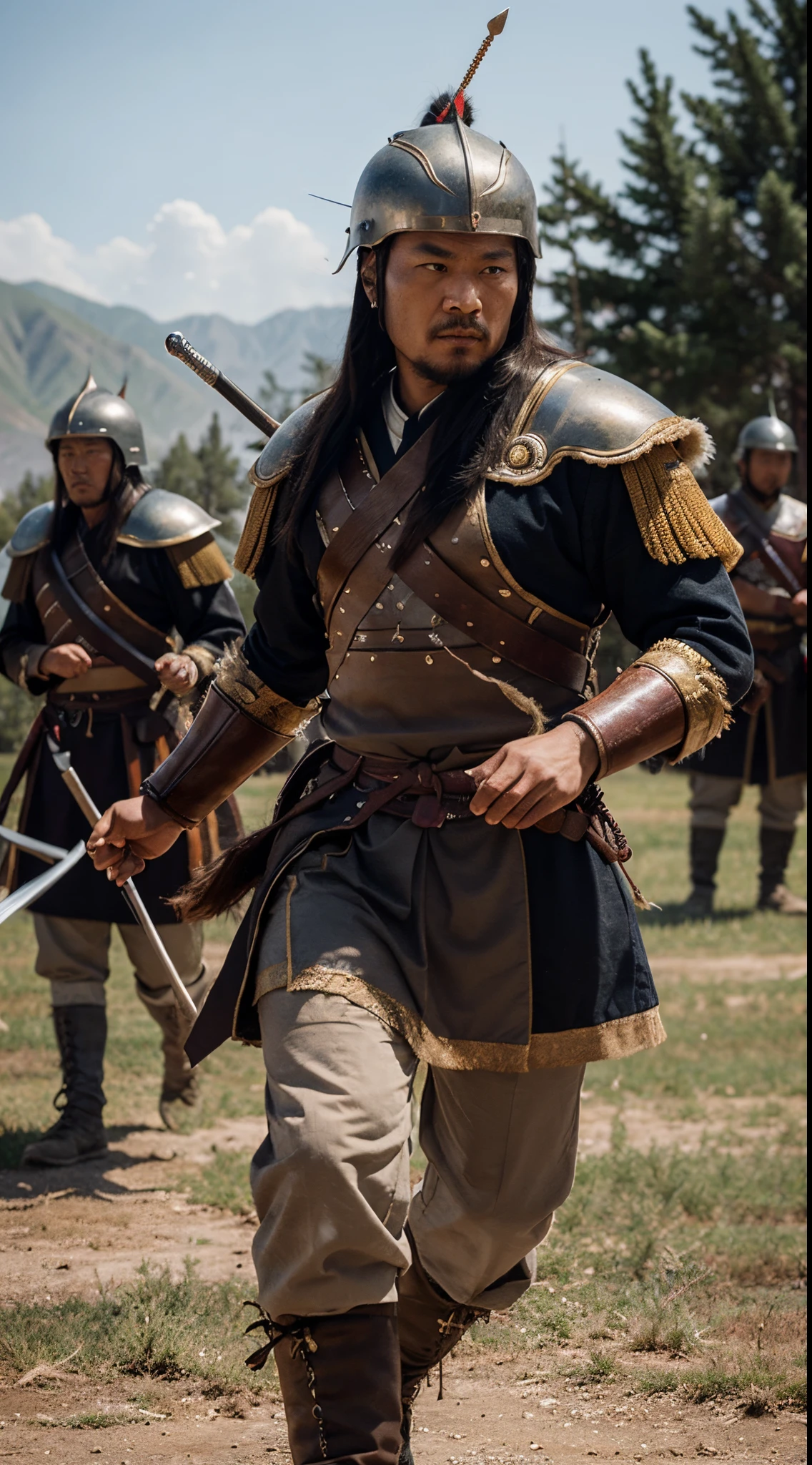"Visualize Genghis Khan's influence on military strategy, with elements of ancient Mongol warriors in action, showcasing their unique tactics and weaponry."
