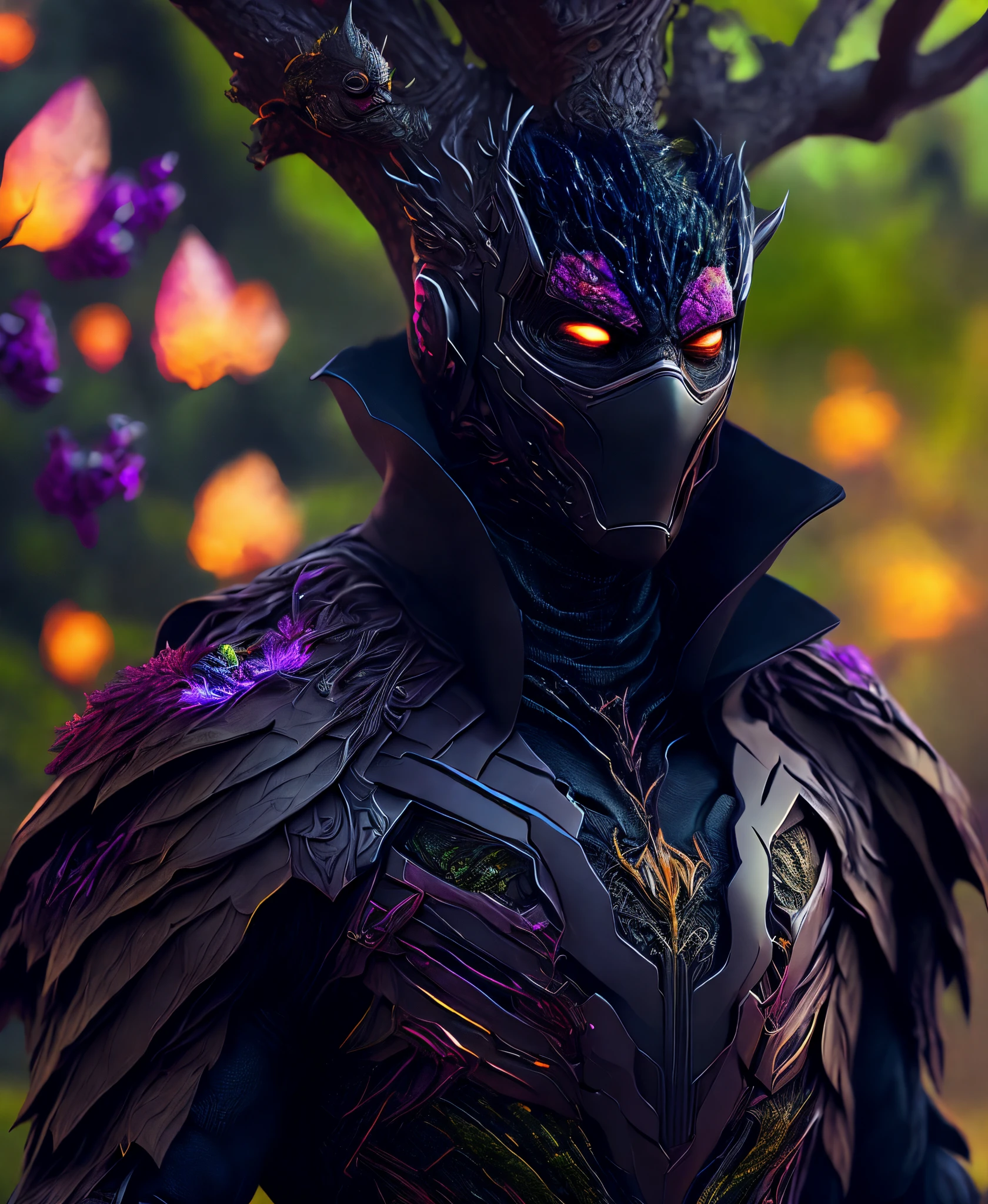 (extremely detailed 8k wallpaper), Close-up (Tree-man From Marvel dressed in Goth style: 1.3) emerging from nature, colourful nature colours, extremely detailed, volumetric lighting