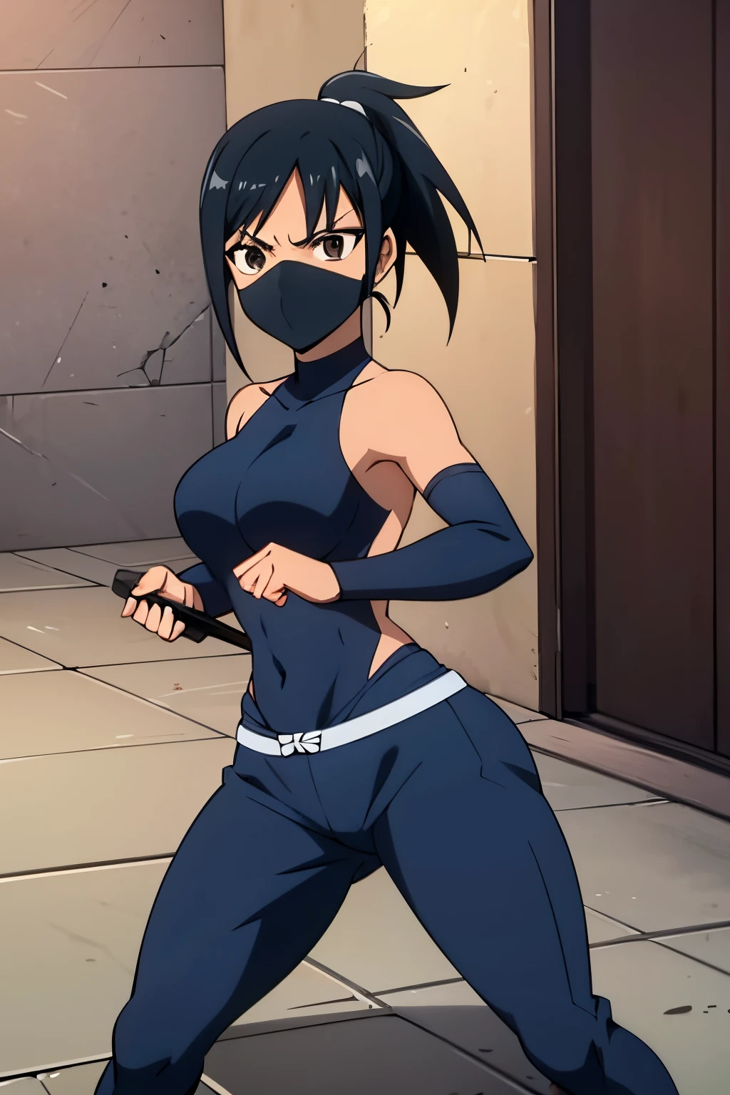 woman, pretty face, black hair, ponytail, black eyes, athletic body, ninja blue clothes, holding two daggers,serious, brown skintone, small breast, light armor, ninja mask, tanned skin, large thighs