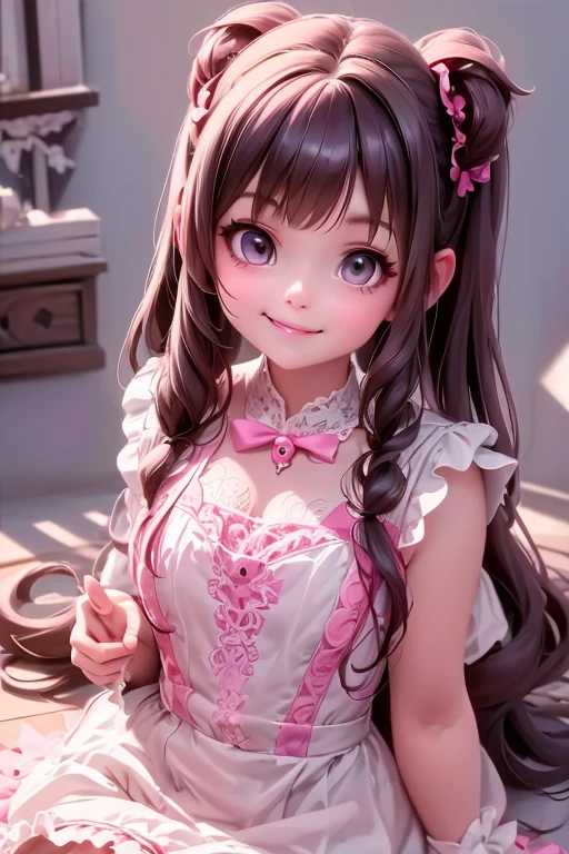 a close up of a demon girl smiling in a lace cloth outfit, frilly outfit, witchcore clothes, fantasy outfit, fairycore, style of magical girl, cutecore, ****, anime demon girl