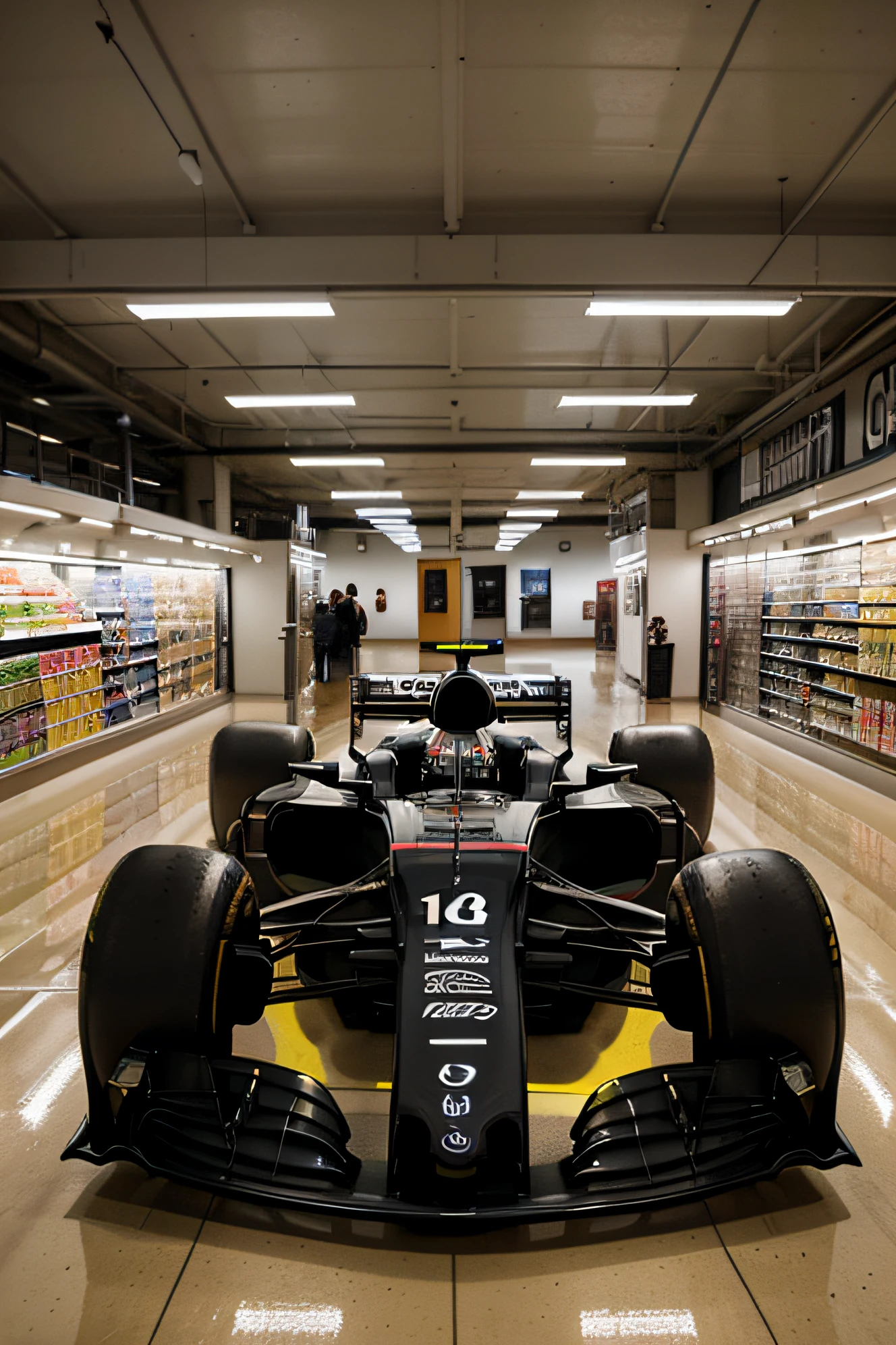 Hyperrealistic photograph of a Formula 1 car speeding through a supermarket aisle. The fluorescent ceiling light highlights the aerodynamic contours of the vehicle, while products on the shelves create a vibrant backdrop. The car's body reflects the bright colors of the product labels, generating a fascinating contrast between speed and everyday life. The image captures every detail of the race car, from the textures in the paint to the reflections on the windshield.

Using a Nikon D850 camera with a Nikon 24-70mm f/2.8 lens, the photographer has achieved a perfect depth of field that sharply highlights both the car and the products, skillfully blurring the background. The photography style is inspired by the technique of Andreas Gursky, emphasizing grandeur and intrigue in the merging of seemingly opposing elements.