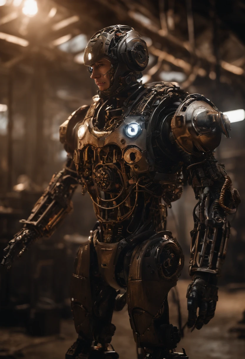 Envision an awe-inspiring scene featuring an extremely complex humanoid-model, meticulously highlighting every intricate detail, including gears, cables, and wire work throughout its body. Imagine this image in stunning 8K movie quality, capturing the essence of the damage and scratches that tell a narrative of relentless battles and wear.

Zoom in on the micro-details of the humanoid's internal machinery, showcasing the intricate arrangement of gears, the labyrinth of cables, and the precise layout of wire work. Emphasize the level of complexity that contributes to its advanced functionality and aesthetic appeal.

Highlight the battle-worn exterior, focusing on damage and scratches that tell a story of intense encounters and warfare. Capture the reflections of light on the scratched metal and chipped paint, enhancing the realism and depth of the humanoid's worn appearance.

Consider the lighting, allowing it to play a crucial role in accentuating the micro-details. Utilize cinematic lighting to cast dynamic shadows that enhance the three-dimensional quality of the humanoid, creating an immersive visual experience.

Imagine the humanoid in a dynamic pose, perhaps mid-action or standing amidst a dystopian environment that complements its battle-hardened appearance. Integrate elements like sparks emanating from damaged components and atmospheric effects that add to the overall cinematic quality of the scene.

This detailed prompt aims to inspire the creation of an extraordinary and visually immersive depiction of an extremely complex humanoid-model in 8K movie quality, focusing on extreme micro-details of gears, cables, and wire work, while showcasing the damage and scratches that tell a compelling narrative of its battle-worn existence, painted in scuffed orange and black