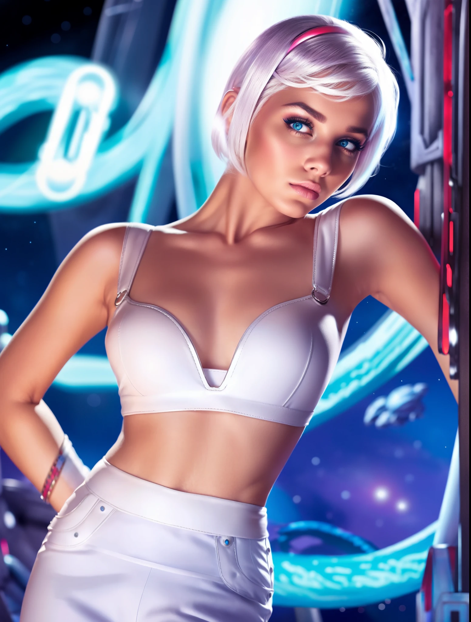 8K, HD, Neon, Retro, Chic, Full-length, 23-year-old Girl, Short pixie hairstyle, white hair, cute face, face like Daenerys, toned body, expressive chest, elegant, white sleeveless turtleneck, blue trousers, Night, Neon, HD