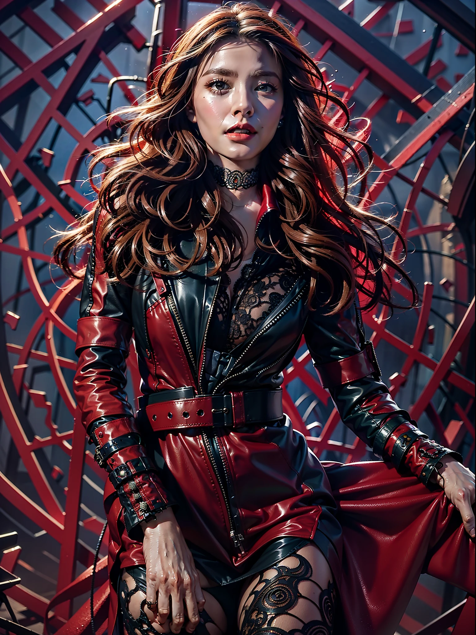 extremely detailed photo of a woman, loraelizabeth, scarlet witch, avengers, wearing black lace dress, open red leather jacket, 8k uhd, RAW photography, model photoshoot