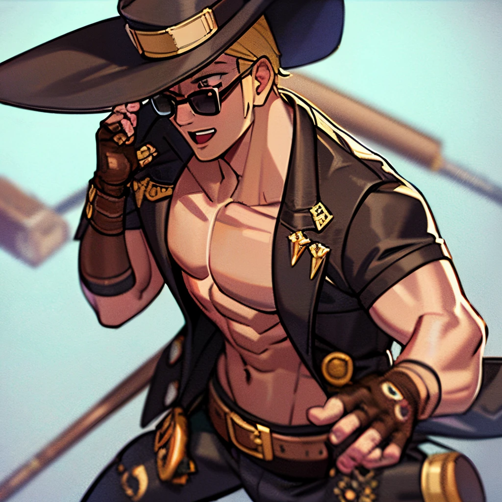 Highly detailed, High Quality, Masterpiece, beautiful, HornyJail, baseball bat, 1boy, solo, beaten, (in pain:1.4), cross eyed, johnny, (coat:1.4), (sunglasses:1.4), (brown fingerless gloves:1.4), brimmed cowboy hat, open clothes, pectorals, muscular, abs,