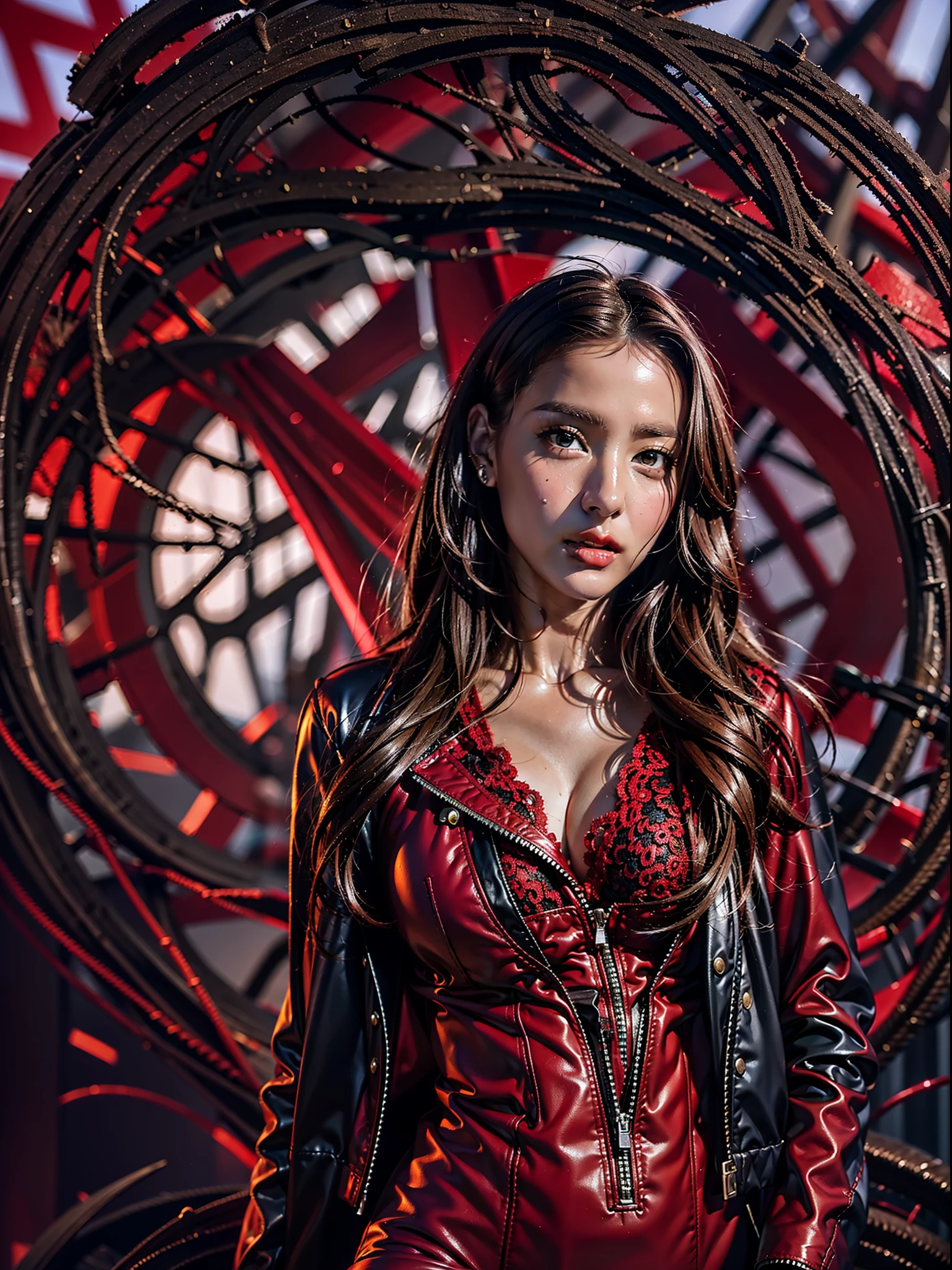 extremely detailed photo of a woman, loraelizabeth, scarlet witch, avengers, wearing black lace dress, open red leather jacket, 8k uhd, RAW photography, model photoshoot