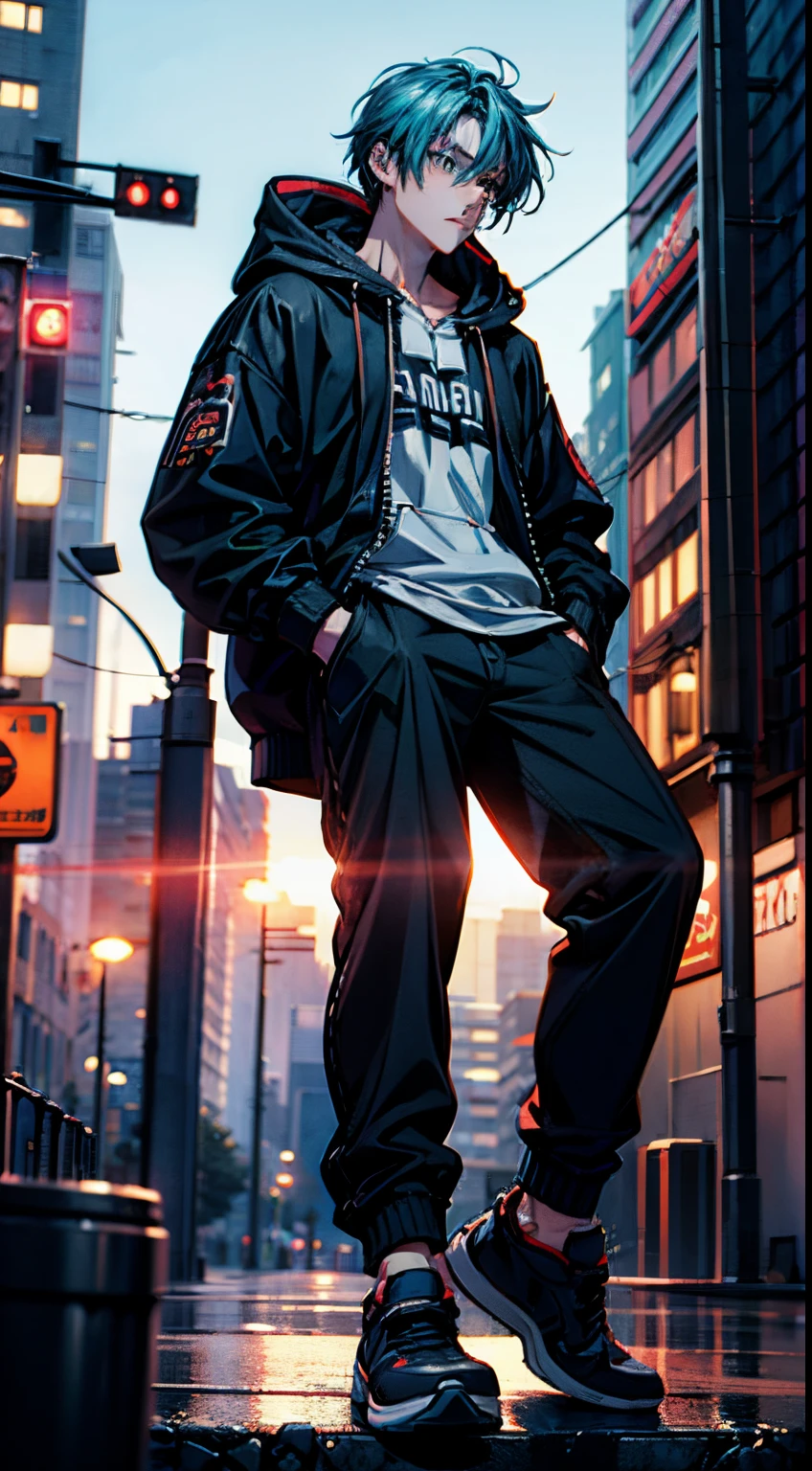 Masterpiece, best quality, high quality, ultra detailed, anime boy sitting on a ledge in a city at night, digital cyberpunk anime art, anime cyberpunk art, cyberpunk anime art, modern cyberpunk anime, digital cyberpunk - anime art, anime cyberpunk, badass anime 8 k, anime style 4 k, 4k anime wallpaper, tall anime guy with blue eyes, cyberpunk anime girl in hoodie, hd anime wallaper, cyberpunk hero
