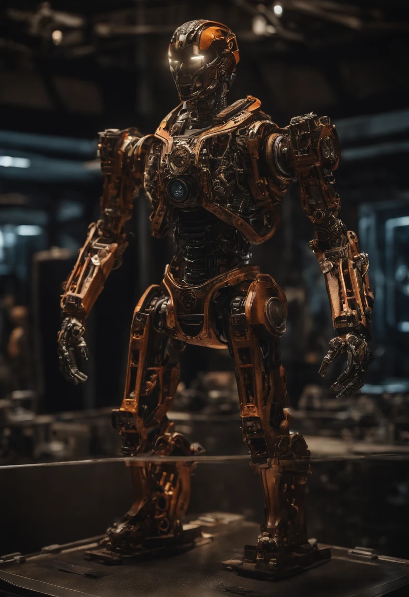 Envision an awe-inspiring scene featuring an extremely complex humanoid-model, meticulously highlighting every intricate detail, including gears, cables, and wire work throughout its body. Imagine this image in stunning 8K movie quality, capturing the essence of the damage and scratches that tell a narrative of relentless battles and wear.
Zoom in on the micro-details of the humanoid's internal machinery, showcasing the intricate arrangement of gears, the labyrinth of cables, and the precise layout of wire work. Emphasize the level of complexity that contributes to its advanced functionality and aesthetic appeal.
Highlight the battle-worn exterior, focusing on damage and scratches that tell a story of intense encounters and warfare. Capture the reflections of light on the scratched metal and chipped paint, enhancing the realism and depth of the humanoid's worn appearance.
Consider the lighting, allowing it to play a crucial role in accentuating the micro-details. Utilize cinematic lighting to cast dynamic shadows that enhance the three-dimensional quality of the humanoid, creating an immersive visual experience.
Imagine the slim humanoid in a dynamic pose, perhaps mid-action or standing amidst a dystopian environment that complements its battle-hardened appearance. Integrate elements like sparks emanating from damaged components and atmospheric effects that add to the overall cinematic quality of the scene.
This detailed prompt aims to inspire the creation of an extraordinary and visually immersive depiction of an extremely complex humanoid-model in 8K movie quality, focusing on extreme micro-details of gears, cables, and wire work, while showcasing the damage and scratches that tell a compelling narrative of its battle-worn existence, painted in scuffed orange and black