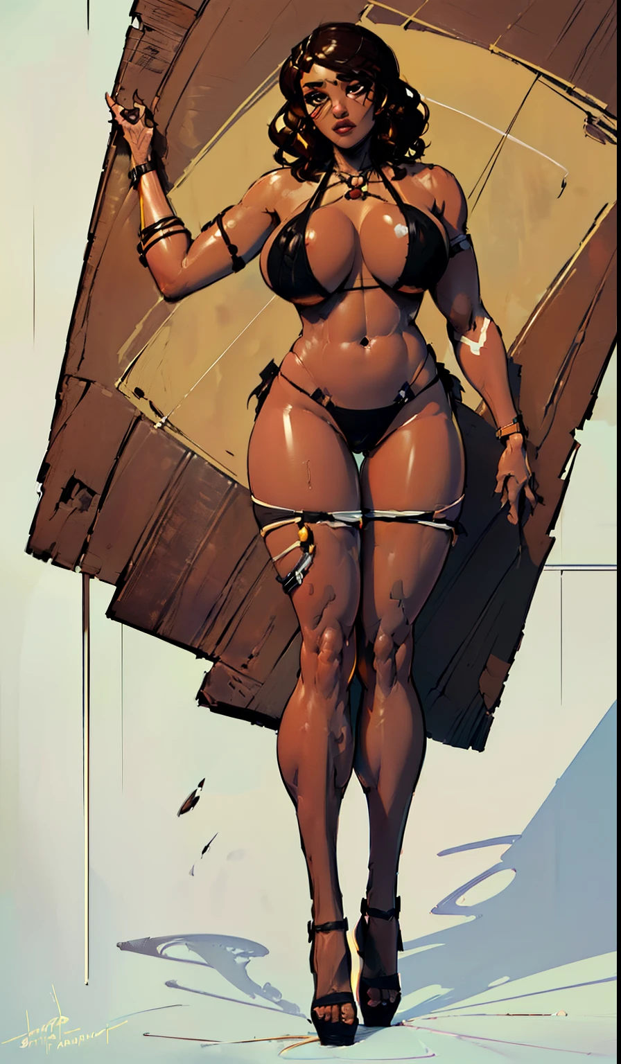 (Farrah, Overwatch),((Character design sheet)),  environment Scene change, (((Masterpiece:1.4))), (Very detailed: 2), (Beautiful: 2), (giant breast:1.5), (Perfect round butt:1.5), (brown skin:1.7), ( short wavy dark hair,: 1.6),((Masterpiece)), Highly detailed, Perfect, (Hanging black bikini:1.8), ((Cool color palette:1.3)), (full body view), ((full - body:1.7)), (Bimbo:1.4),