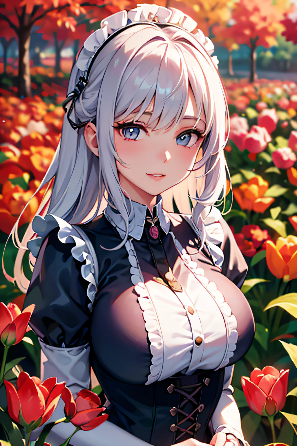 in on her face, standing in a blooming garden of vibrant flowers. The medium is a digital painting created with ultra-fine details and vivid colors. The woman's white hair is depicted with intricate shading and highlights, showcasing its texture and volume. The maid-like headdress, adorned with delicate lace and ribbons, adds an elegant touch to her appearance. She wears a Victorian-style ruffled dress in a soft pink hue, which flows gracefully around her figure.

Her face is the focal point of the artwork. The artist pays special attention to her blue eyes, capturing their beauty and sparkle with extreme detail. The eyes are mesmerizing, reflecting a sense of depth and emotion. The woman's lips are smirking, adding a mischievous charm to her expression. Her overall countenance exudes a sense of happiness and contentment.

The garden surrounding the woman is bursting with life. The artist portrays an abundance of colorful flowers, such as roses, tulips, and lilies. The flowers are meticulously depicted, showcasing their intricate details and vibrant hues. The garden creates a vibrant and joyous atmosphere, complementing the woman's demeanor.

The artwork is of the highest quality, with a level of detail that allows viewers to appreciate every stroke and texture. The digital painting is rendered in ultra-high resolution (4k or 8k), providing a lifelike and immersive viewing experience. The colors are vivid and rich, enhancing the overall visual impact.

The artistic style of the illustration is reminiscent of classical portraits, with influences from fantasy and romanticism. The combination of realistic features and imaginative elements creates a unique and captivating visual narrative.

The color palette used in the artwork is dominated by soft pastel tones, emphasizing the feminine and graceful nature of the subject. Subtle variations of pinks and purples create a dreamlike and enchanting atmosphere. The lighting in the scene is soft and gentle, casting a warm glow on the woman's face and illuminating the garden with a magical ambiance.

Overall, this detailed illustration captures the beauty and elegance of an adult woman standing in a blooming garden. The artwork invites viewers to immerse themselves in a whimsical and enchanting world, where fantasy and reality blend seamlessly.