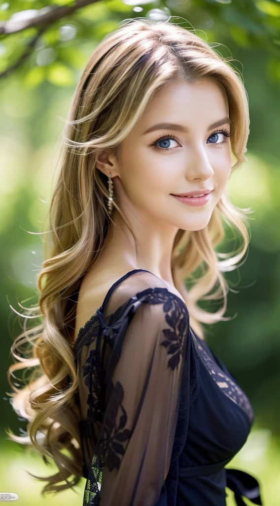 American white woman with unparalleled looks、dark blonde、hair tied with a ribbon、Hair is wavy、The ends of the hair are curled、blue eyess 、A slender、Out of focus background of open meadow in the forest、The sun filtering through the trees is beautiful、a smile、Looking at the camera、Slender but well-proportioned body with large breasts、Posing like a model、Raking up hair、There must be space above the head、Breast bare、Very high definition、Wearing black lace clothes