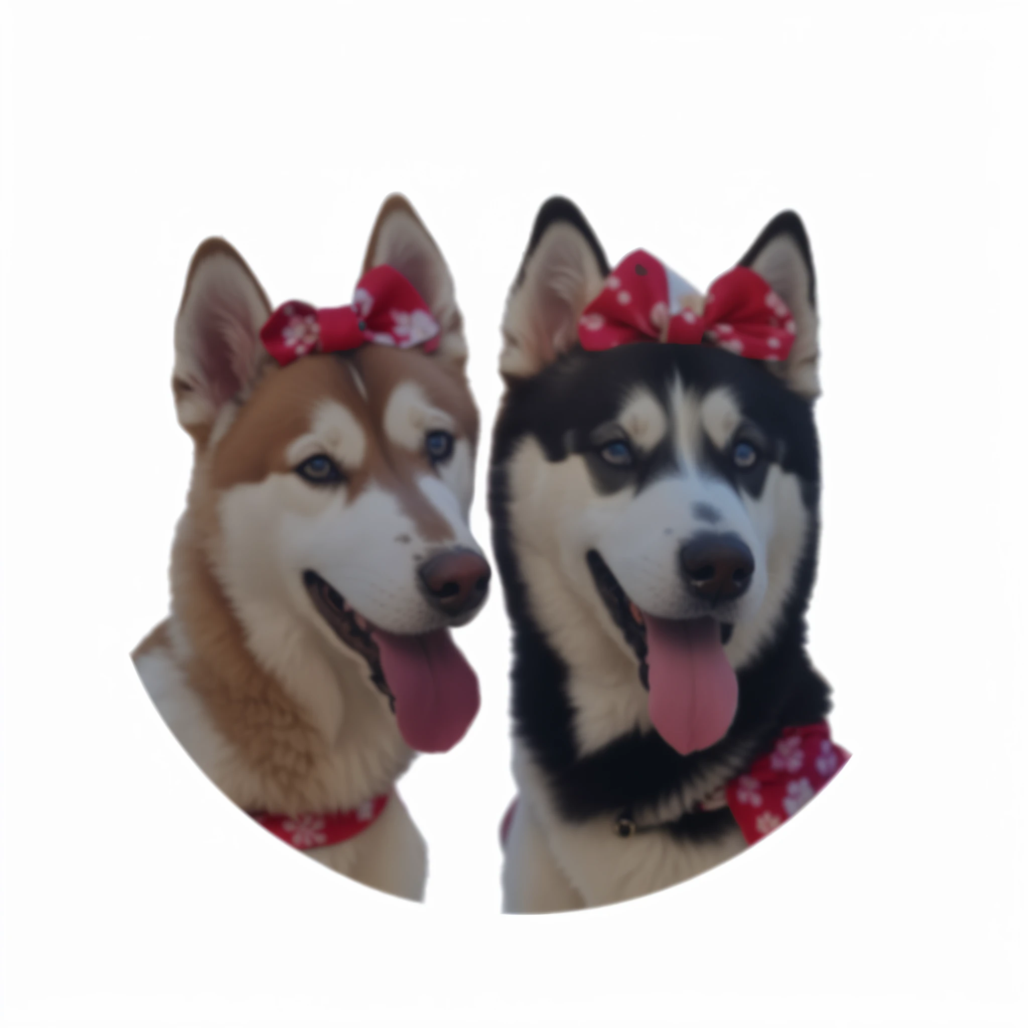 two dogs with bows on their heads are next to each other, husky, dogs, morphing dog head, Two dogs, Bandanas, husky dog, em fundo claro, Shiba inu rosto, Husky siberiano, imagem em forma, both faces visible, orelhas de cachorro, sem linha, Shibu Inu, Dois lapphunds finlandeses, Rostos bonitos
