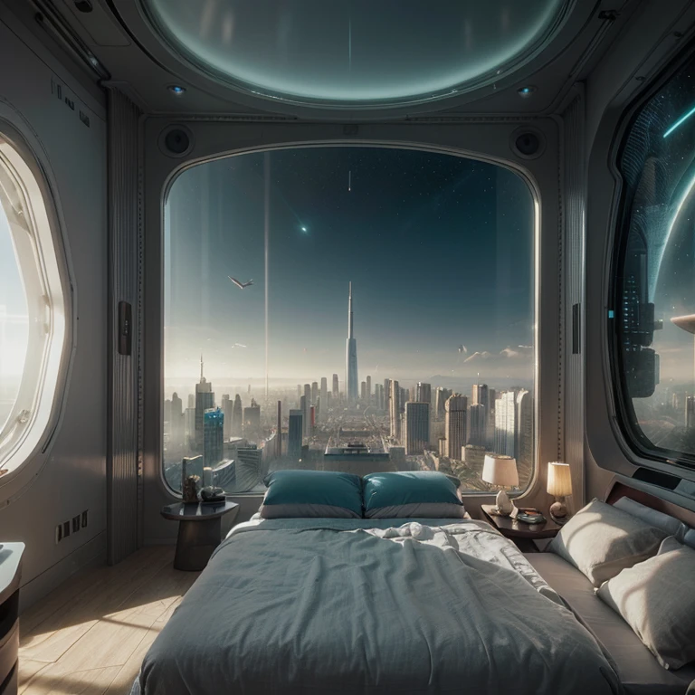 a gorgeous sci - fi bedroom matte painting by john harris, sparth and greg rutkowski. sharp edges, tiffany blue, grey orange, white and golden. sci - fi bedroom in a space base, outside the windows a future city skyline, light effect. ultra clear detailed, 3 d, octane render. 8 k