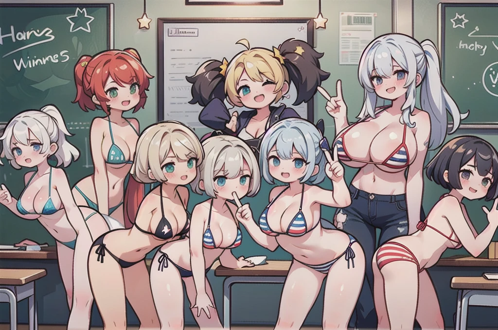 (masterpiece), maximum quality, (Colorful:1.1), (5 girls, group shot:1.4), (slim body:1.1), (huge tits:1.5), (dark skin:1.1), (muscles:1.1), blonde  hair, Silver hair, Twin tails, (leaning forward:1.4), (Open your mouth, happy smile:1.1), (winc:1.4),peace sign, (stars and stripes bikini, microbikini:1.1), cowboy Shot, (Classroom:1.1), blackboards