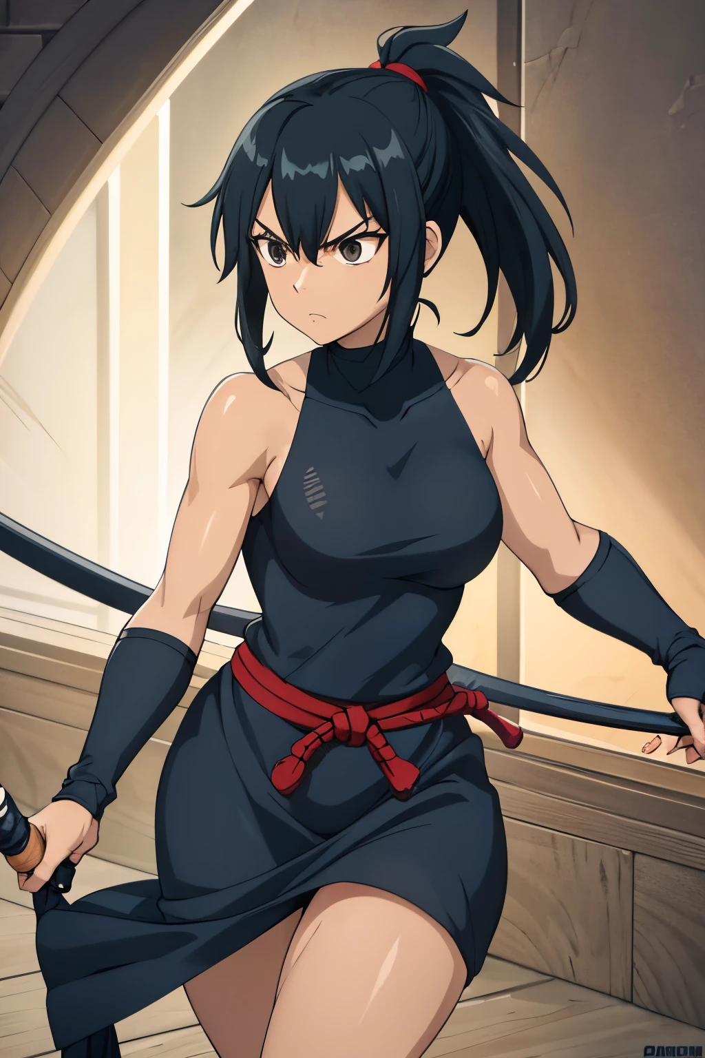 woman, pretty face, black hair, ponytail, black eyes, athletic body, ninja blue clothes, holding two daggers,serious, brown skintone, small breast, light armor, ninja mask, tanned skin, large thighs