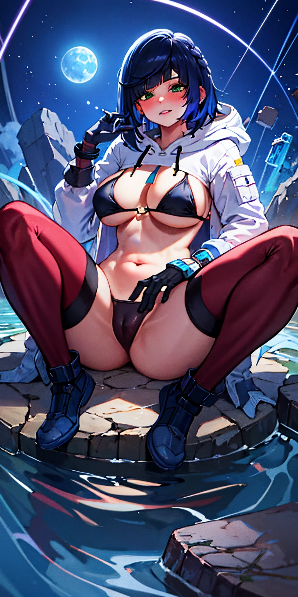 (shaded face:1.2), hollow eyes, green eyes, looking at viewer, heavy breathing, embarrassed, clenched teeth, blush face, lips, black hair, short hair, multicolored hair, huge breasts, ropped hoodie, black bikini, long sleeves, a woman sitting on a rock with a full moon in the background, concept art, by Kamagurka, black and red armor, thighs close up, shining gold and black and red, thicc build