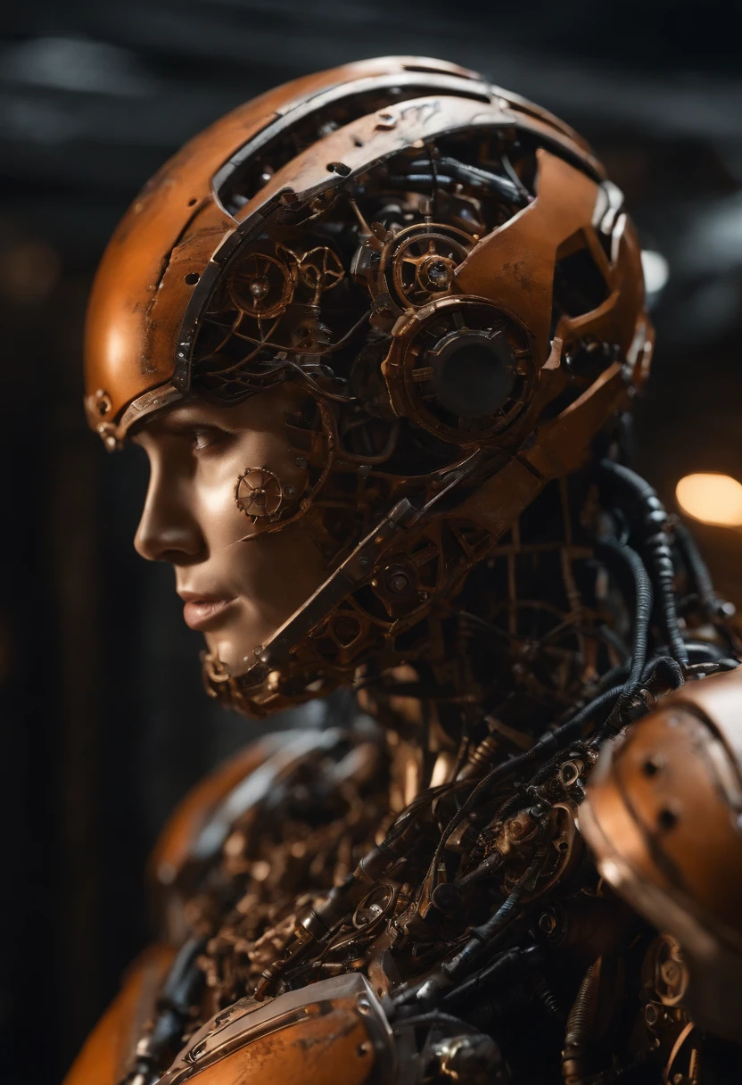 Envision an awe-inspiring scene featuring an extremely complex humanoid-model, meticulously highlighting every intricate detail, including gears, cables, and wire work throughout its body. Imagine this image in stunning 8K movie quality, capturing the essence of the damage and scratches that tell a narrative of relentless battles and wear.
Zoom in on the micro-details of the humanoid's internal machinery, showcasing the intricate arrangement of gears, the labyrinth of cables, and the precise layout of wire work. Emphasize the level of complexity that contributes to its advanced functionality and aesthetic appeal.
Highlight the battle-worn exterior, focusing on damage and scratches that tell a story of intense encounters and warfare. Capture the reflections of light on the scratched metal and chipped paint, enhancing the realism and depth of the humanoid's worn appearance.
Consider the lighting, allowing it to play a crucial role in accentuating the micro-details. Utilize cinematic lighting to cast dynamic shadows that enhance the three-dimensional quality of the humanoid, creating an immersive visual experience.
Imagine the slim humanoid in a dynamic pose, perhaps mid-action or standing amidst a dystopian environment that complements its battle-hardened appearance with glowing Eye LEDs. Integrate elements like sparks emanating from damaged components and atmospheric effects that add to the overall cinematic quality of the scene.
This detailed prompt aims to inspire the creation of an extraordinary and visually immersive depiction of an extremely complex humanoid-model in 8K movie quality, focusing on extreme micro-details of gears, cables, and wire work, while showcasing the damage and scratches that tell a compelling narrative of its battle-worn existence, painted in scuffed orange and black