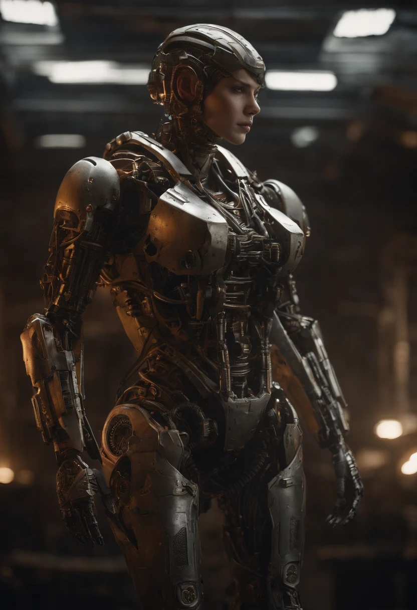Envision an awe-inspiring scene featuring an extremely complex humanoid-model, meticulously highlighting every intricate detail, including gears, cables, and wire work throughout its body. Imagine this image in stunning 8K movie quality, capturing the essence of the damage and scratches that tell a narrative of relentless battles and wear.

Zoom in on the micro-details of the humanoid's internal machinery, showcasing the intricate arrangement of gears, the labyrinth of cables, and the precise layout of wire work. Emphasize the level of complexity that contributes to its advanced functionality and aesthetic appeal.

Highlight the battle-worn exterior, focusing on damage and scratches that tell a story of intense encounters and warfare. Capture the reflections of light on the scratched metal and chipped paint, enhancing the realism and depth of the humanoid's worn appearance.

Consider the lighting, allowing it to play a crucial role in accentuating the micro-details. Utilize cinematic lighting to cast dynamic shadows that enhance the three-dimensional quality of the humanoid, creating an immersive visual experience.

Imagine the slim humanoid in a dynamic pose, perhaps mid-action or standing amidst a dystopian environment that complements its battle-hardened appearance with glowing Eye LEDs. Integrate elements like sparks emanating from damaged components and atmospheric effects that add to the overall cinematic quality of the scene.

This detailed prompt aims to inspire the creation of an extraordinary and visually immersive depiction of an extremely complex humanoid-model in 8K movie quality, focusing on extreme micro-details of gears, cables, and wire work, while showcasing the damage and scratches that tell a compelling narrative of its battle-worn existence, painted in scuffed orange and black