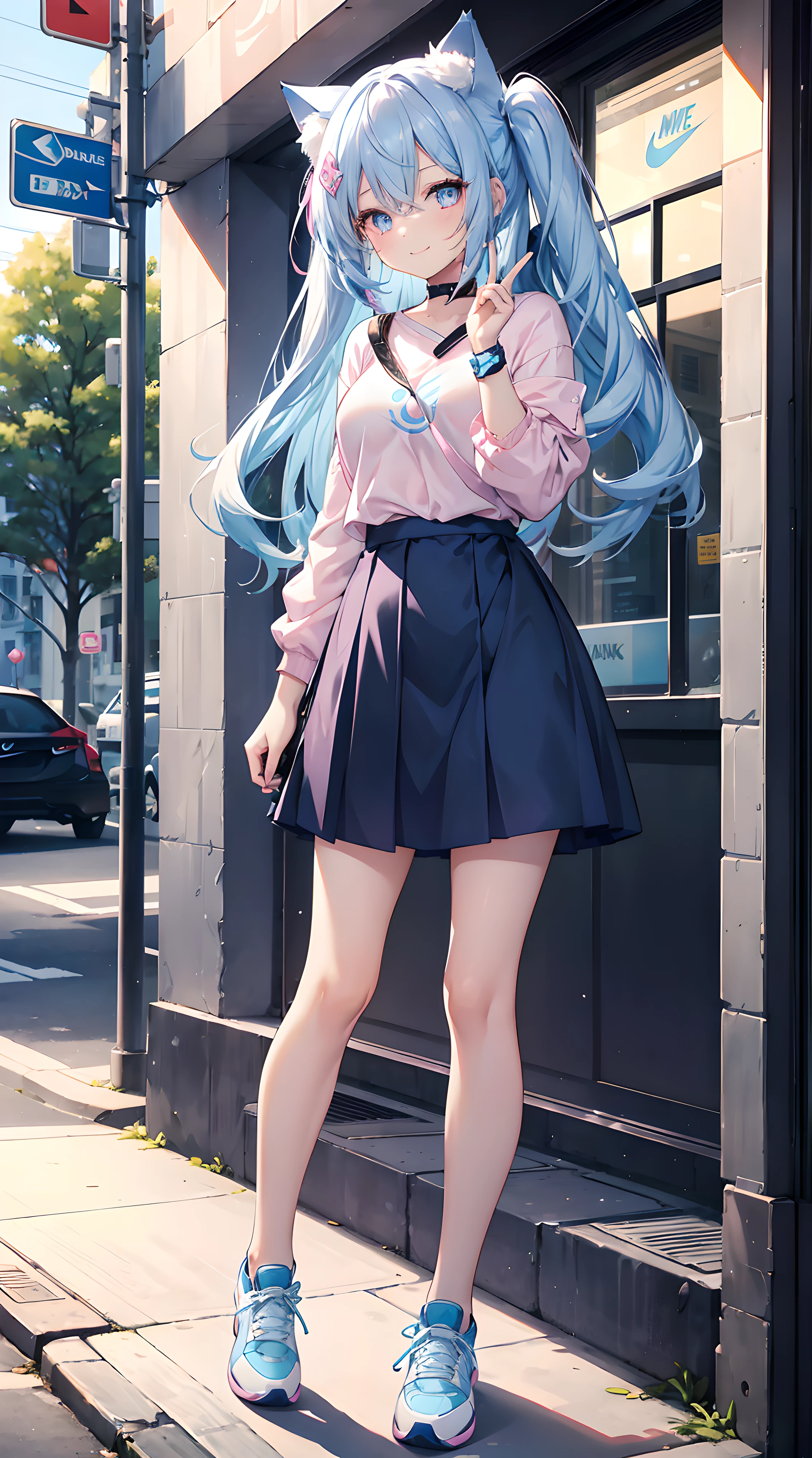 A girl with long blue hair that turns pink at the bottom, cat ears, two different eyes, one pink and the other blue, wearing a light blue shirt that shows her breasts a little, a dark blue short skirt, and white Nike shoes, stands on the sidewalk among a few peoples, She smiles, looks at the viewer, and makes the peace symbol with her fingers
