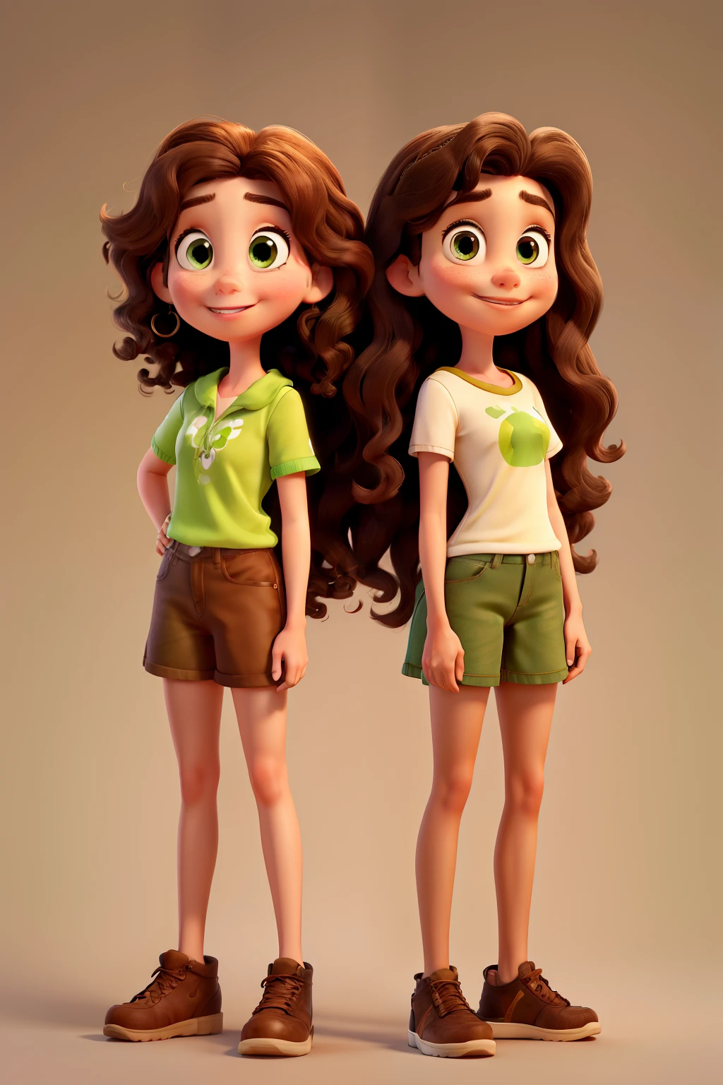 design a DISNEY PIXAR CARTOON POSTER staring two bestfriends. One girl is taller with long dark brown curly hair with brown eyes. The other girl is short with long wavy brownish blond hair with green eyes.
