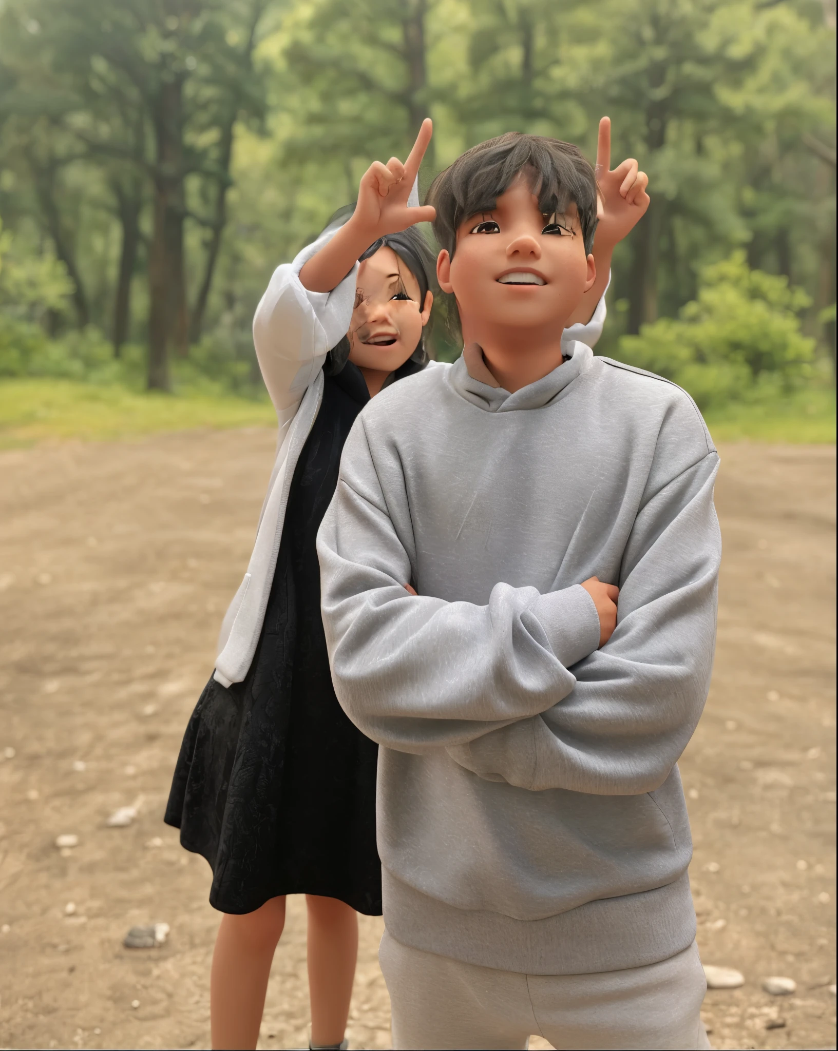 Boy wearing gray hoodie and girl wearing white jackets with black dress