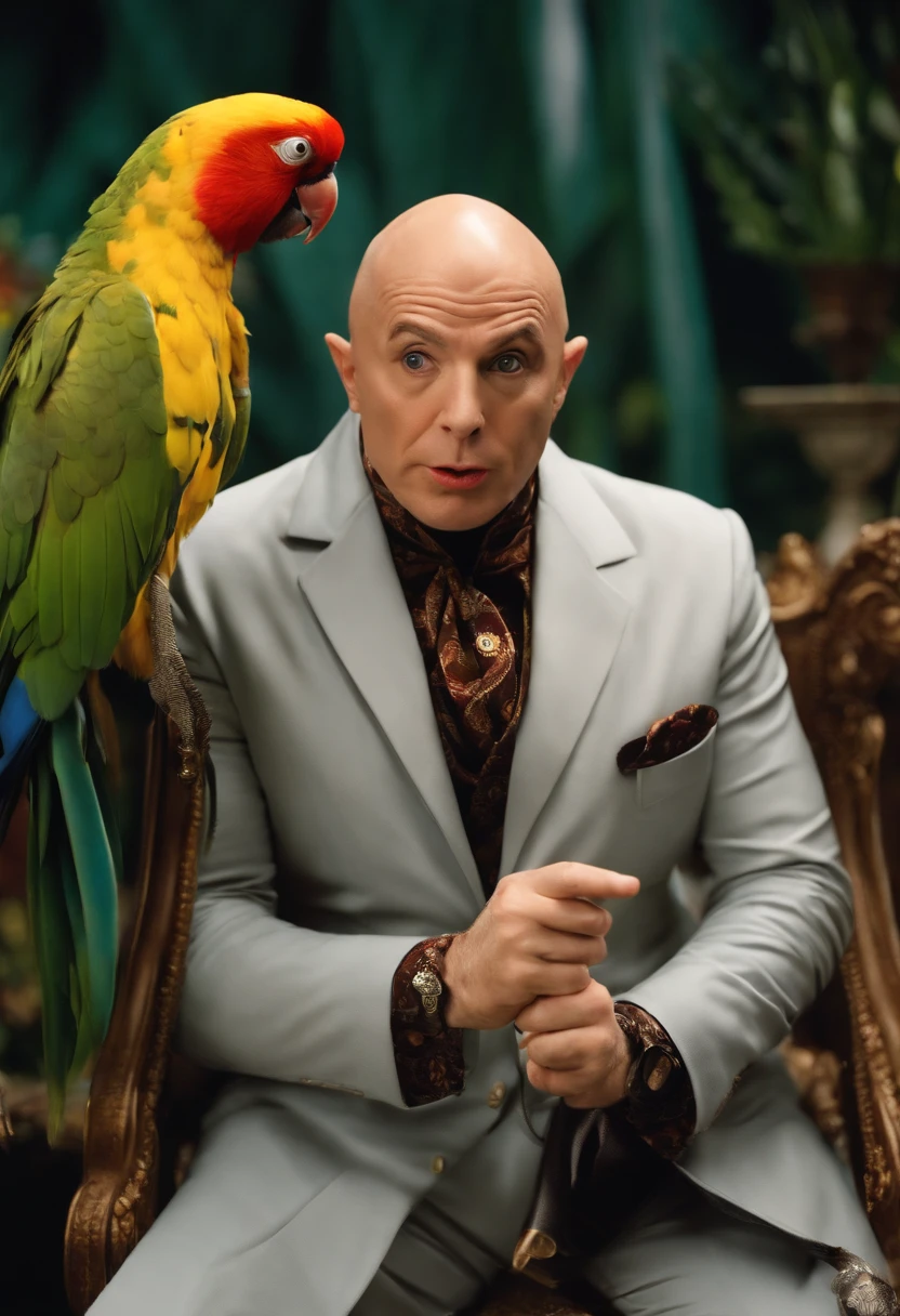 A photo of Doctor Evil attempting to train an evil parrot to say diabolical phrases.,Austin Powers: International Man of Mystery,Doctor Evil, the comical villain from the “Austin Powers” series, is characterized by his bald head, a prominent scar running down his right eye, and a matching gray suit that gives him a distinctively villainous look. He often accentuates his appearance with a dramatic, exaggerated facial expression, usually accompanied by his signature pinky gesture near his mouth.