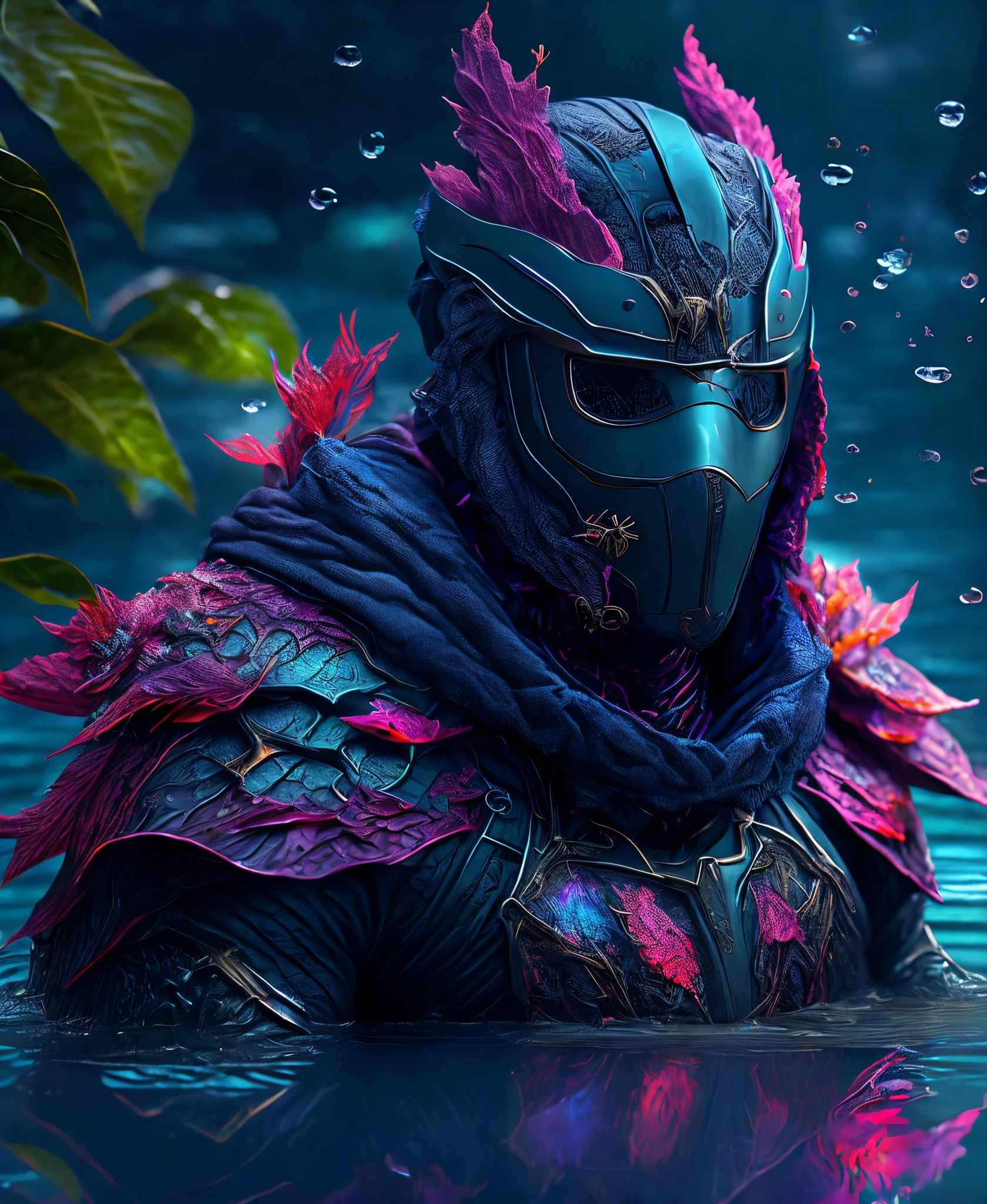 (extremely detailed 8k wallpaper), Close-up ( masked water-man From Marvel dressed in Goth style: 1.3) emerging from a lake, colourful nature colours, extremely detailed, volumetric lighting