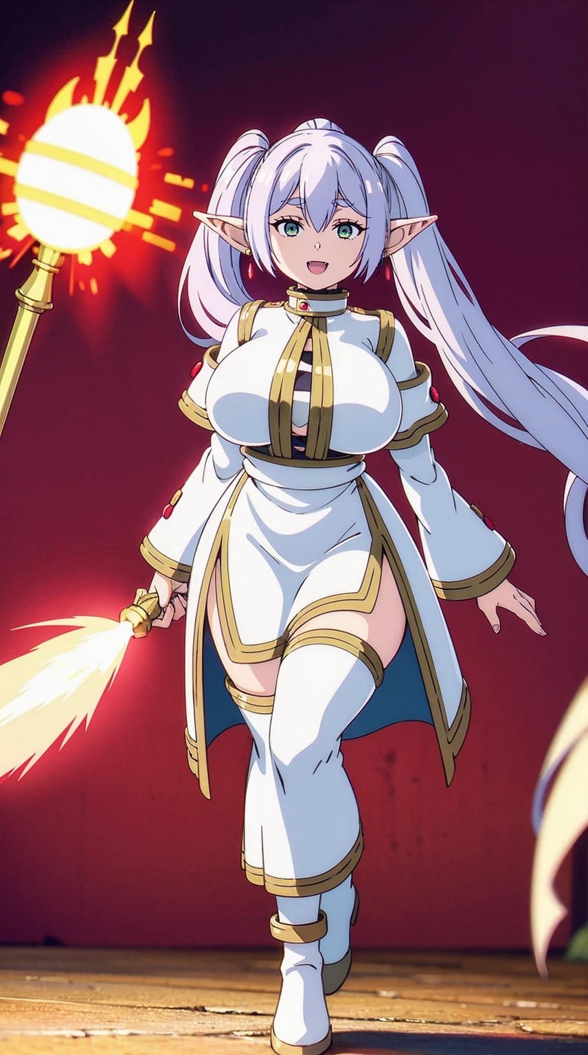 1girl,solo,elf,white hair,grey hair,earrings,pointy ears,long hair,ponytail,green eyes,twintails,parted bangs,thick eyebrows,,, holy magicalgirl, open mouth fang, holy haura, , smile, joyfull, paladin, staff holding, full body , boots, standing,cute,breast, curvy, female,fantasy goddess,there is a cartoon picture of a woman with a very large breast, glowing divine being, glowing holy aura, inspired by Luma Rouge, the non-binary deity of spring, ethereal rainbow nimbus, the butterfly goddess of fire, inspired by Mariel, glowing aura around her, astral wind, as the goddess of the saturn, “uwu the prismatic person, big breast, serious, beautiful eyes, , full body, walking, long robe, long dress, ,priestess ,holy, smile, god rays, ray tracing, sparkle, cinematic lighting, UHD, retina, masterpiece, ccurate, anatomically correct, textured skin, super detail, high details, high quality, award winning, best quality, highres, 1080P, HD, 4K, thunder aura, light aura,full