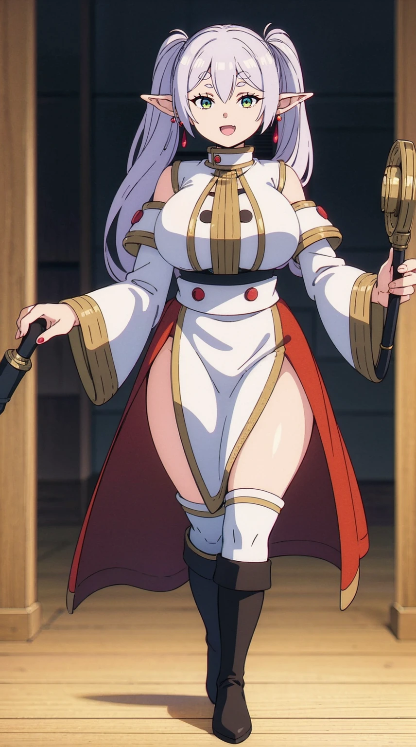 1girl,solo,elf,white hair,grey hair,earrings,pointy ears,long hair,ponytail,green eyes,twintails,parted bangs,thick eyebrows,,, holy magicalgirl, open mouth fang, holy haura, , smile, joyfull, paladin, staff holding, full body , boots, standing,cute,breast, curvy, female,fantasy goddess,there is a cartoon picture of a woman with a very large breast, glowing divine being, glowing holy aura, inspired by Luma Rouge, the non-binary deity of spring, ethereal rainbow nimbus, the butterfly goddess of fire, inspired by Mariel, glowing aura around her, astral wind, as the goddess of the saturn, “uwu the prismatic person, big breast, serious, beautiful eyes, , full body, walking, long robe, long dress, ,priestess ,holy, smile, god rays, ray tracing, sparkle, cinematic lighting, UHD, retina, masterpiece, ccurate, anatomically correct, textured skin, super detail, high details, high quality, award winning, best quality, highres, 1080P, HD, 4K, thunder aura, light aura,full